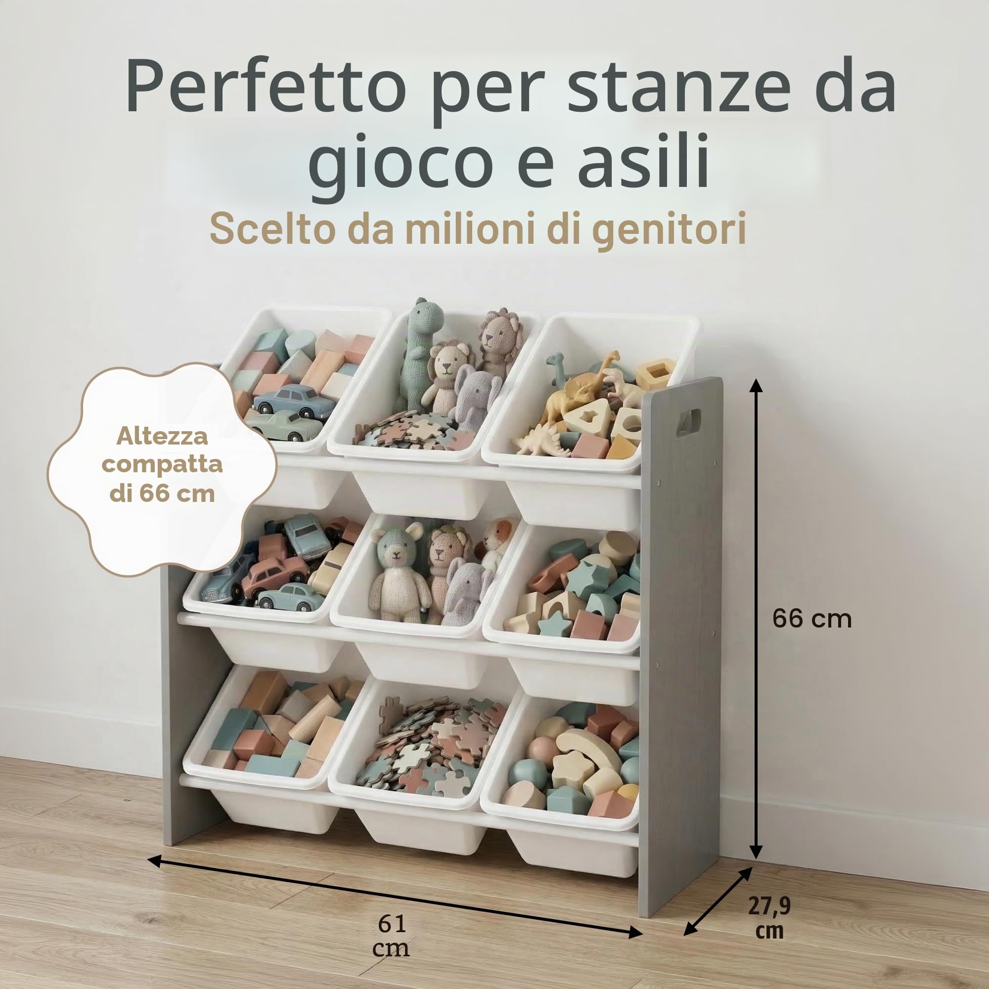 HumbleCrew Scaffale Bambini Moderno: Organizer Giocattoli con 9 Contenitori, Design Grigio/Bianco Elegante, Ideale per Camerette Stile e Ordinate