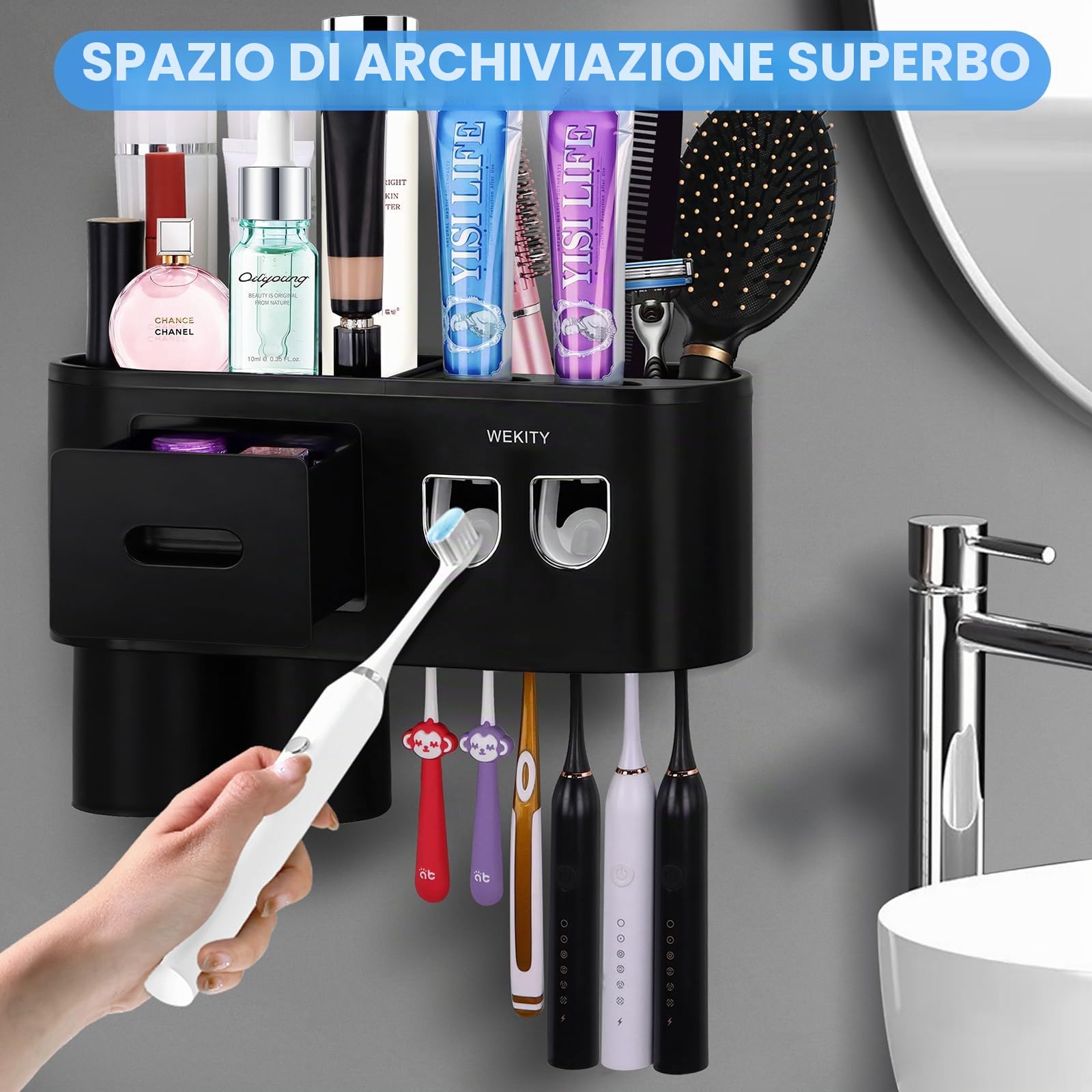 Portaspazzolino da parete multifunzione, dispenser automatico di dentifricio, salvaspazio, con 2 tazze e cassetti, organizer per cosmetici (nero 2 dispenser)