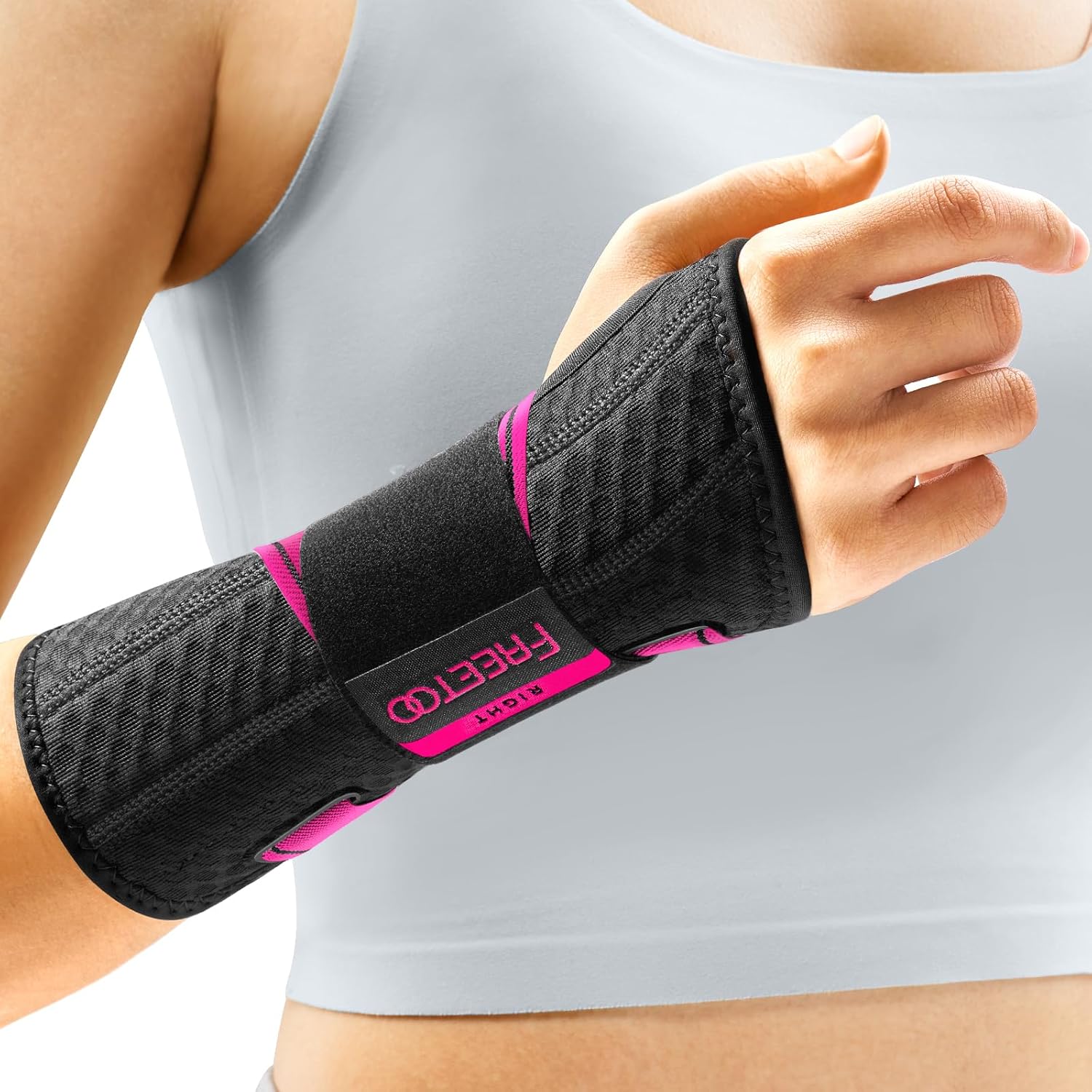 FREETOO Carpal Tunnel Wrist Brace Night Support Fit Right Hand for Work, Pain Relief Wrist Splint for Tendonitis, Sprain, Strain, Rigid Hand Brace for Arthritis for Women and Men (S/M, Black/Pink) Right-Rosa Pink/Black S/M - Image 1 of 7