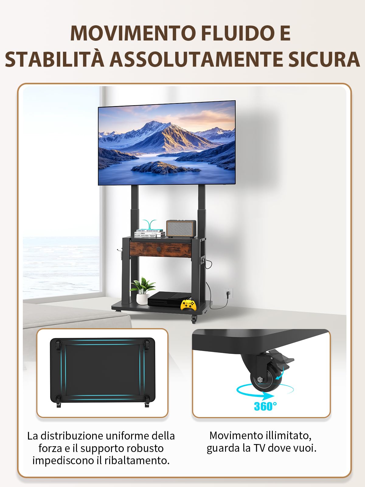 Maiproo Supporto TV con presa di corrente, per schermi piatti e curvi da 32 a 75 pollici, fino a 100 kg (LCD/LED/OLED), supporto mobile per TV con cassetto in tessuto e ruote, altezza regolabile
