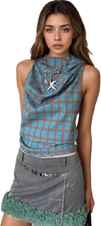 OCUH Mock Neck Tops for Women Plaid Crop Tops Blackless Tank Top Going Out Y2k Coquette Clothes Vintage Streetwear