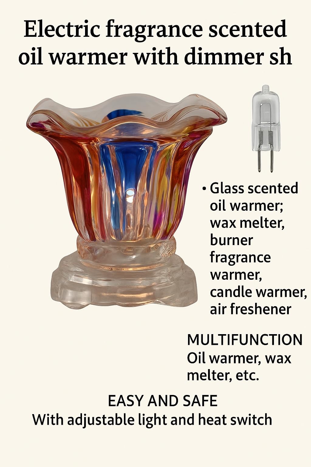 Jane Bernard Electric Multi Color Glass Fragrance Oil Warmer & Wax Melter with Adjustable Dimmer Switch – Air Freshener & Candle Wax Burner for Home or Office