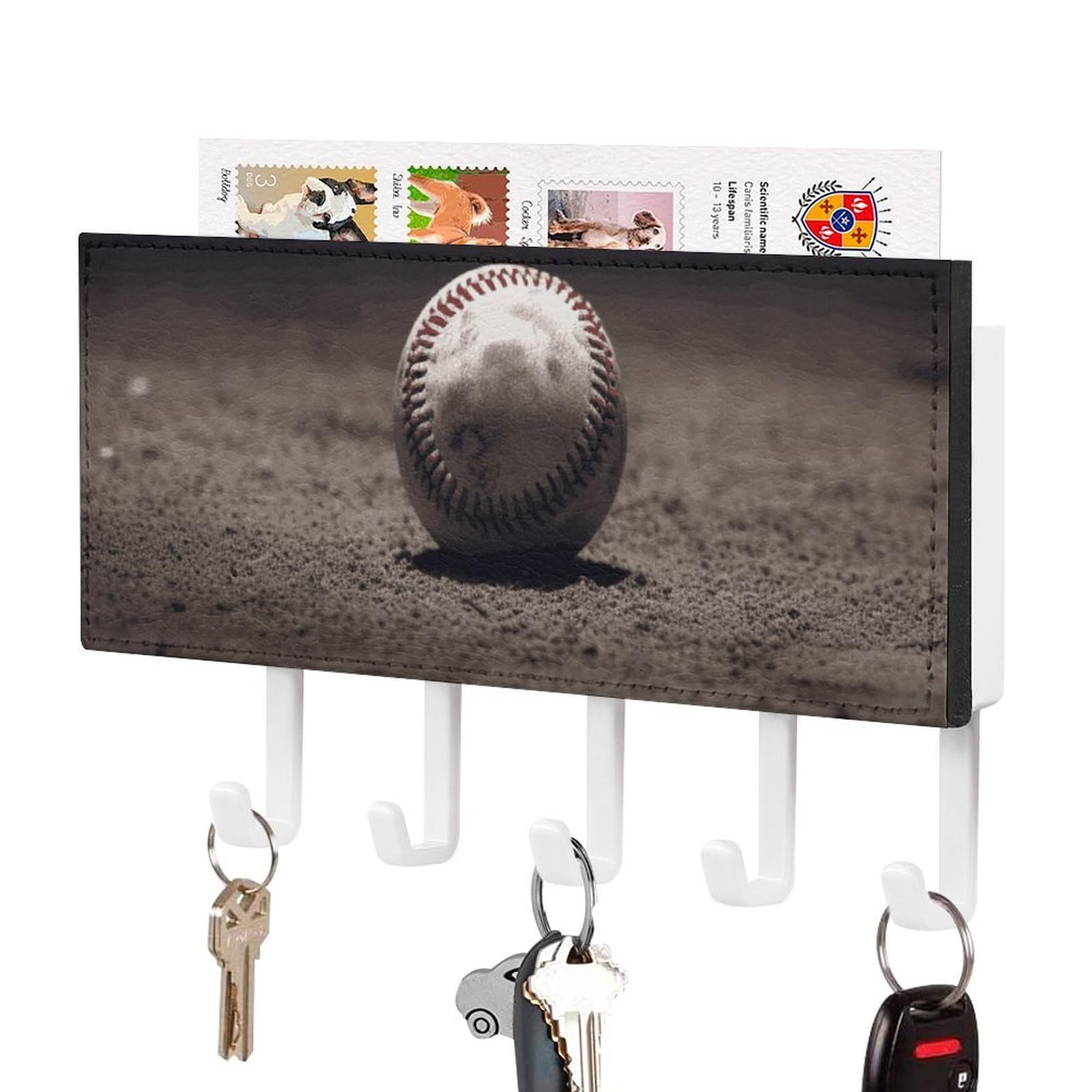 JTREHY Baseball Holder Wall-Mounted Key and Mail Holder,Key Rack with 5Keys Hooks, Easy to Install Mail Organizer for Entryway, Front Door, Hallway, Office