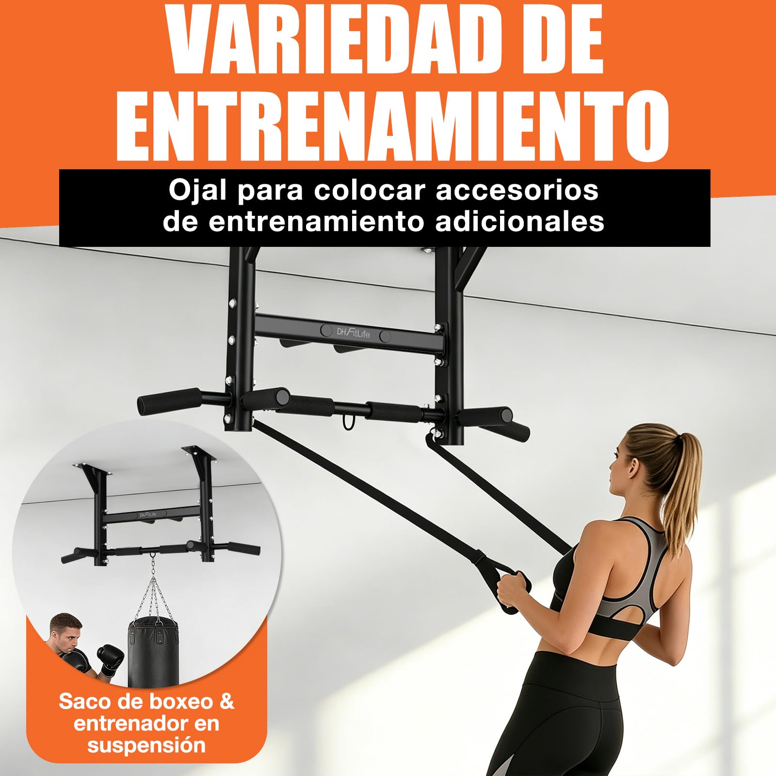 DH FitLife Barra Dominadas Techo 200 kg – Barra Multifuncional 4 en 1 para Calistenia y Gimnasio en Casa, 3 Ojales para Saco de Boxeo y Cintas de Suspensión