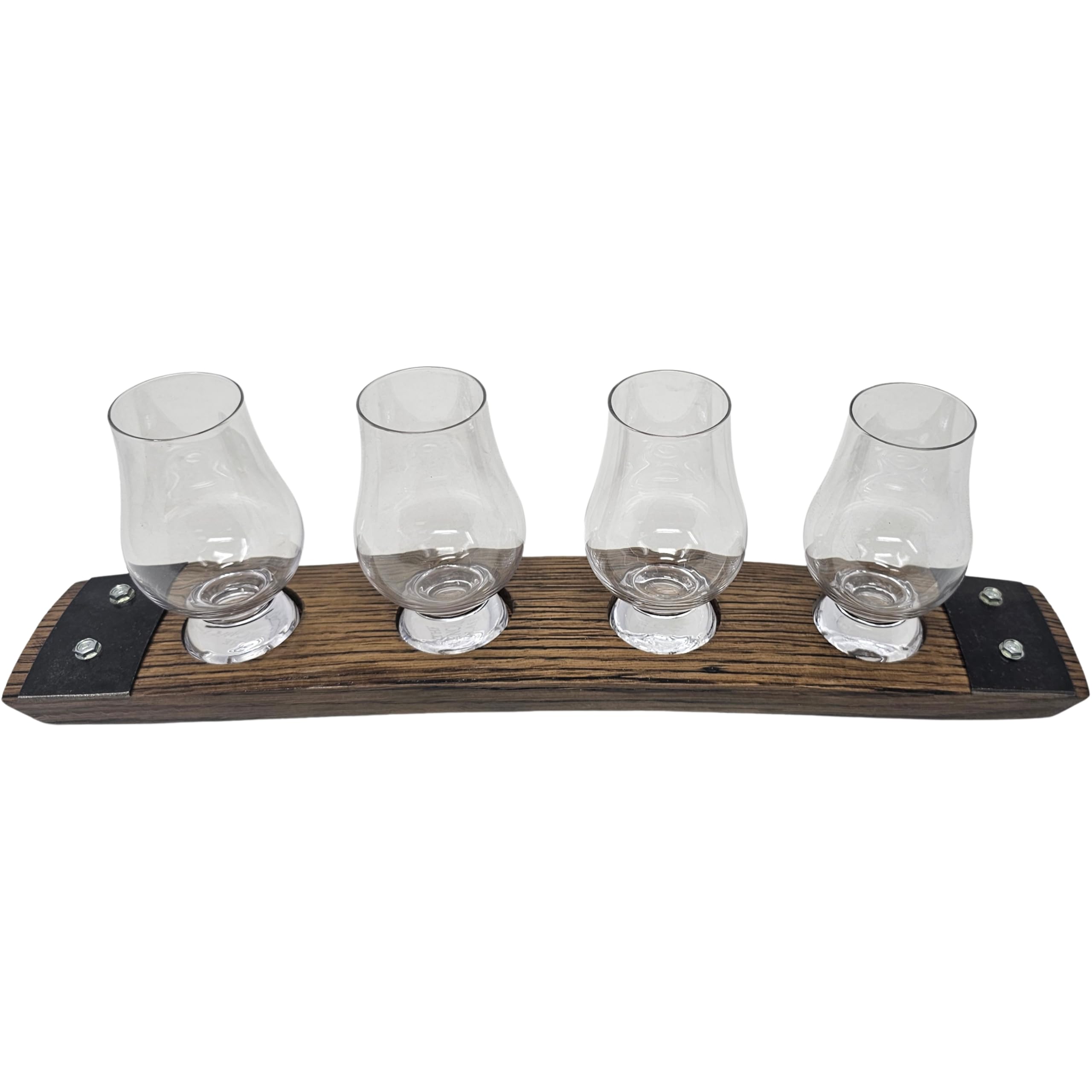 Barrel Stave Premium 4 Glass Whiskey Flight Serving Tray with Glencairn Glasses, Dark Walnut