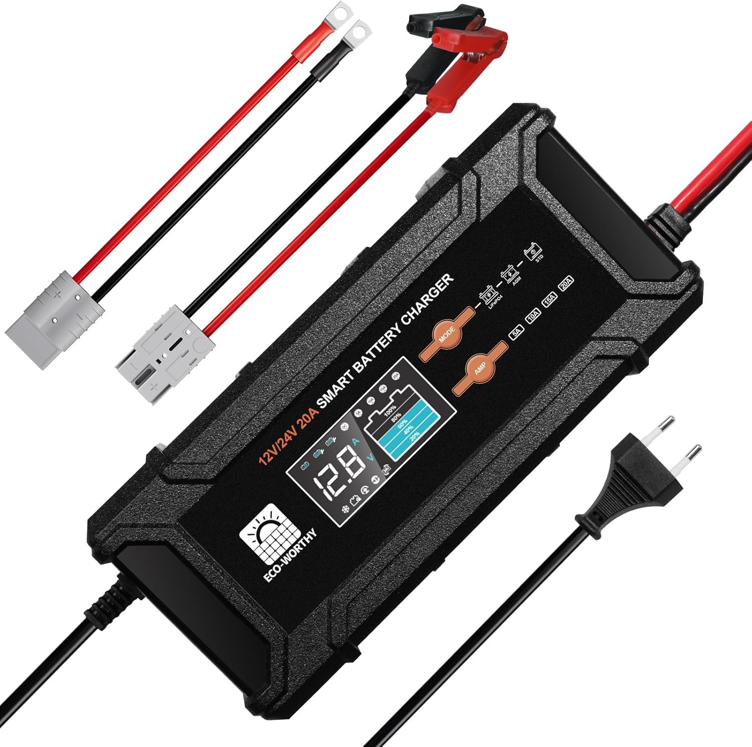 ECO-WORTHY 12V/24V 20A LiFePO4 ładowarka z opcjami wieloprądowymi 5A/10A/15A/20A, automatyczne wykrywanie napięcia akumulatora ołowiowo-kwasowego LiFePO4