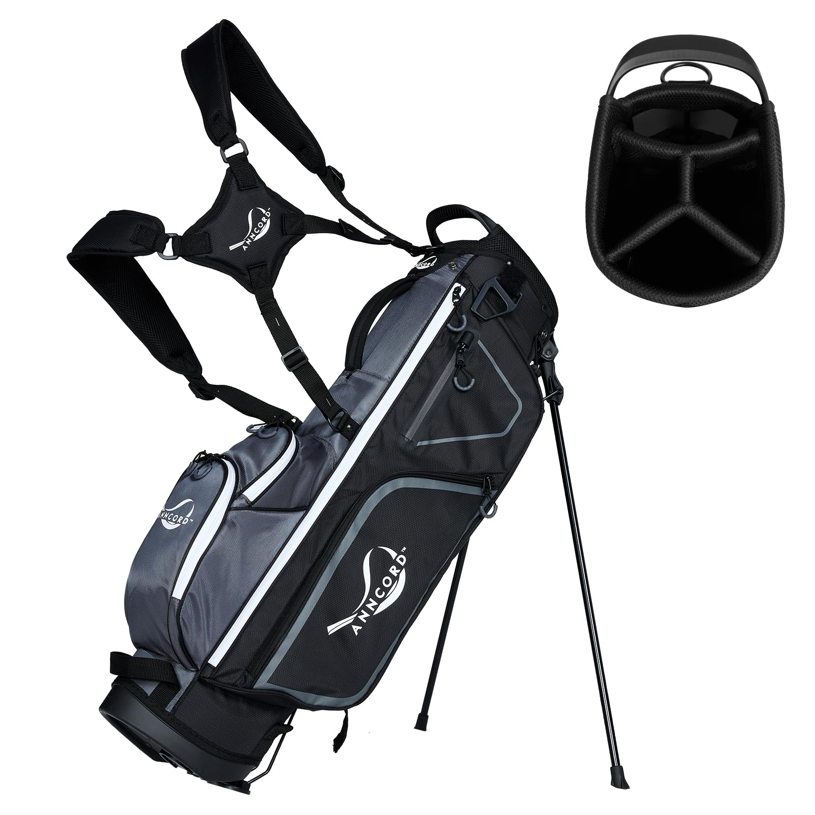 Anncord Golf Stand Bag with 4 Way Full Length Dividers, 4.4 Lbs Lightweight Golf Bag for Men Women, Waterproof Golf Carry Bags w/Stand, 7 Pockets & Cooler Pouch, Dual Straps, Rain Hood (Grey)