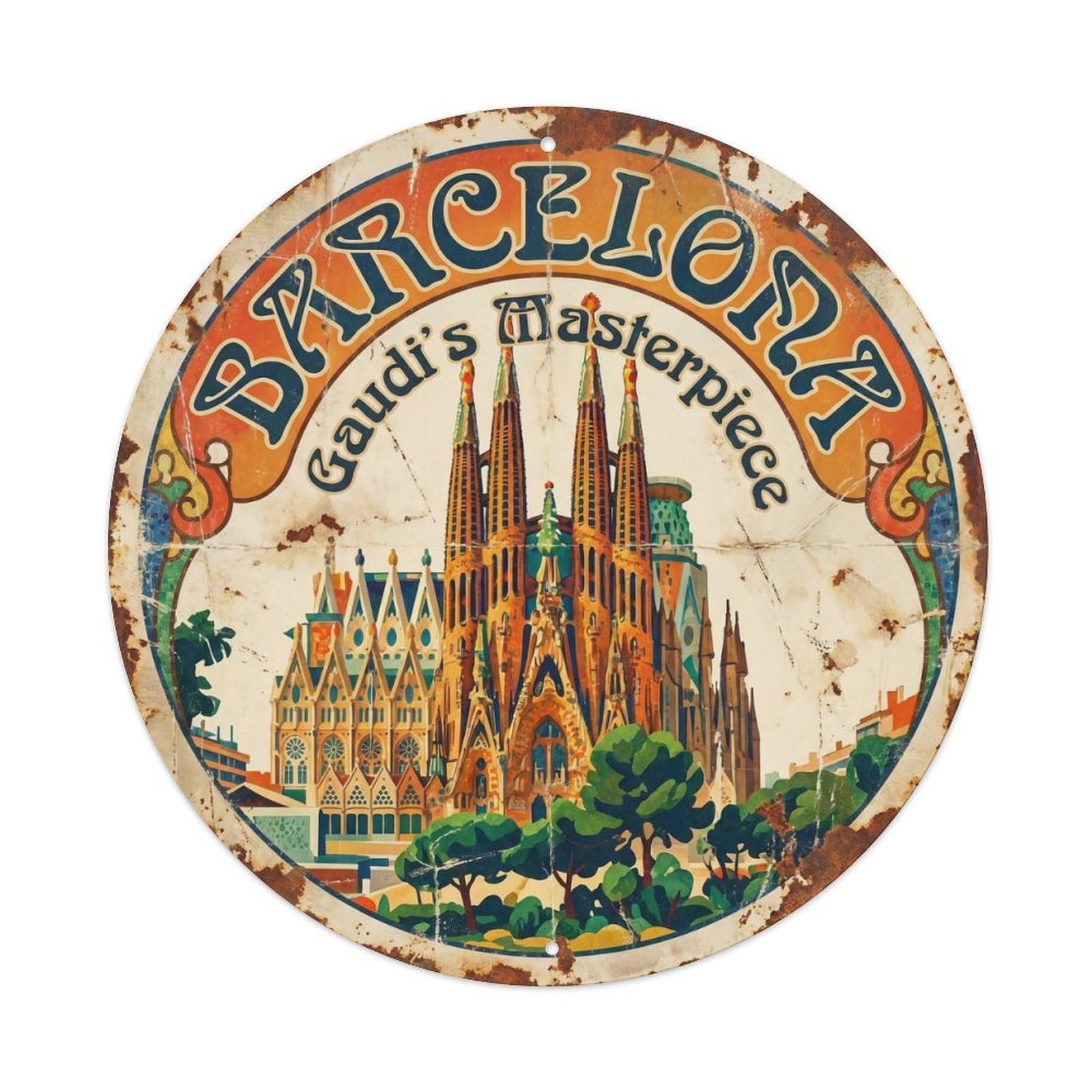 Vintage Travel Barcelona Sagrada Familia 1 Metal Tin Sign Plaque Wall Decor for Cafe, Club, Garden Round Metal Poster 8x8Inch