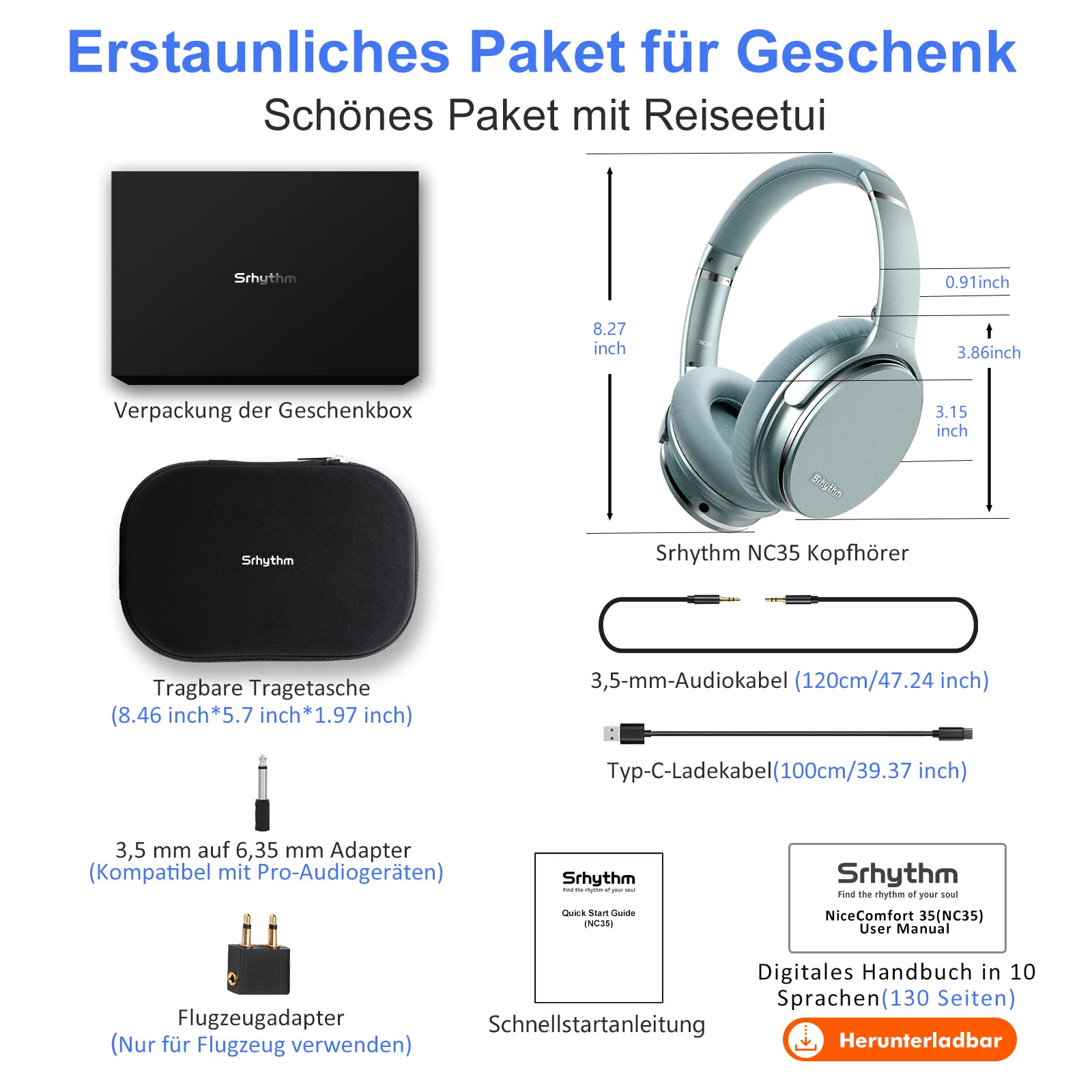 Srhythm NC35 Active Noise Cancelling Kopfhörer Kabellos Bluetooth - LDAC Modus, Schnellladung, 50+ Wiedergabe Over-Ear Kopfhoerer mit Mikrofon, Verbindung von 2 Geräten, Memory Protein Ohrmuscheln