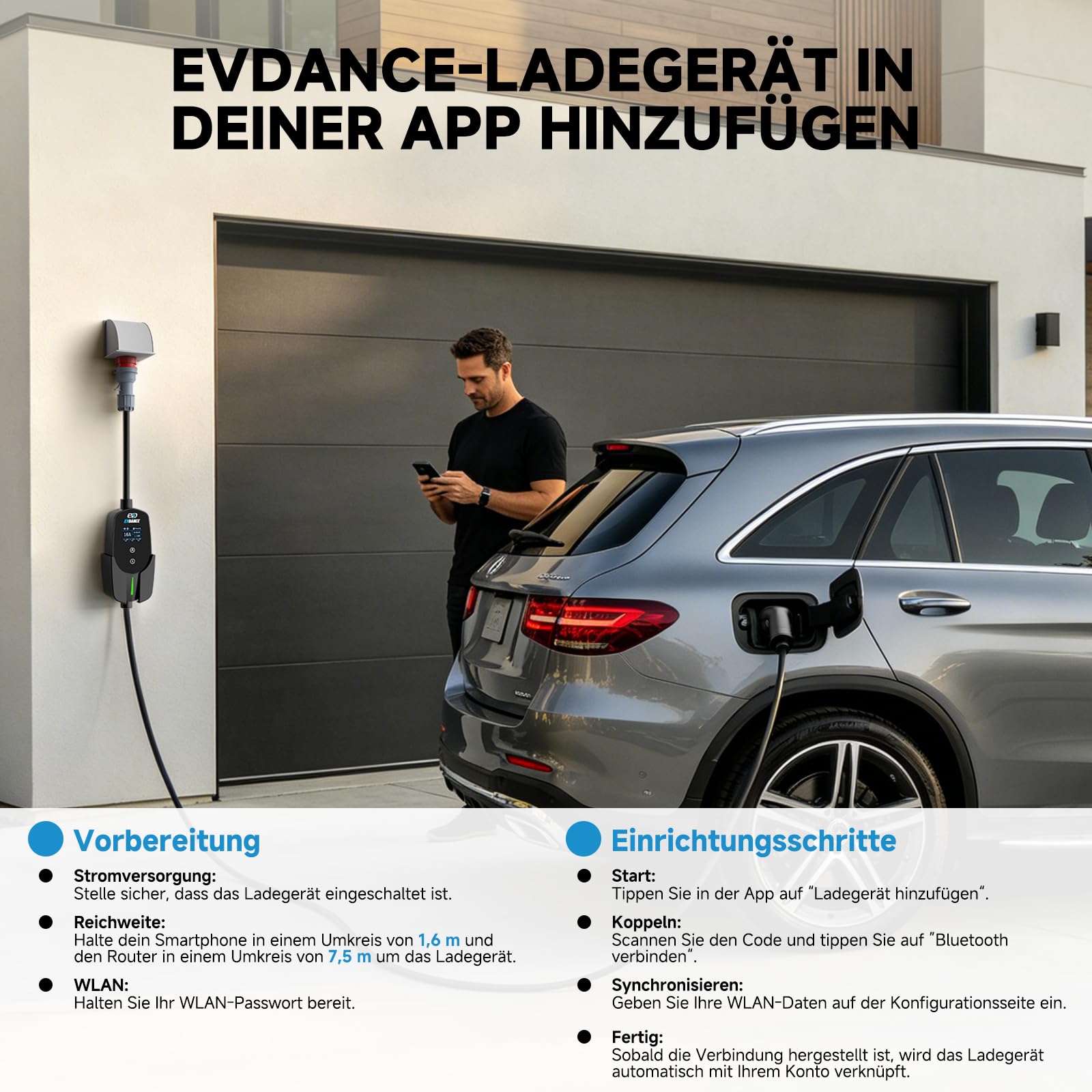 EVDANCE Mobile Wallbox 11kW mit App, 400V (6-16A) 3 phasig 7,8M Mobile Ladestation CEE Typ 2 Ladekabel IP66 mit Einstellbarer Ladeleistung, EV-Charger für Elektroauto & Hybrid(PHEV/EV)