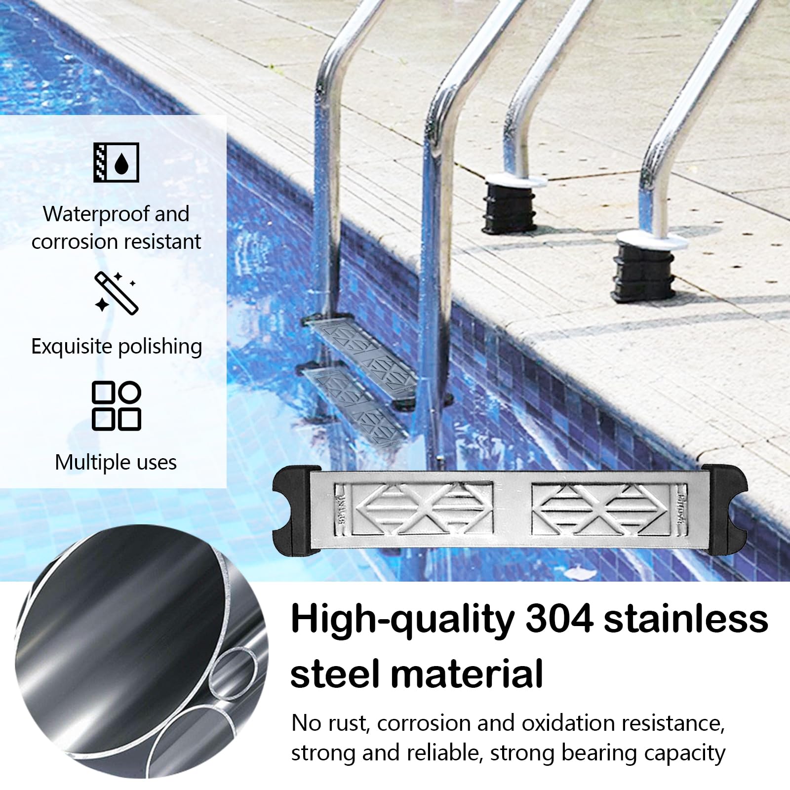 Remplacement des Marches D'échelle de Piscine, Lot de 3 Échelle de Piscine avec 6 vis pour la Plupart des échelles au Sol et Hors Sol, Marches en Acier Inoxydable 304