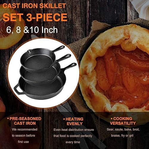 Miniatura 3 de Juego de 3 sartenes de hierro fundido pre-sazonadas Sartenes de hierro fundido de 6, 8 y 10 pulgadas con 3 soportes resistentes al calor, uso