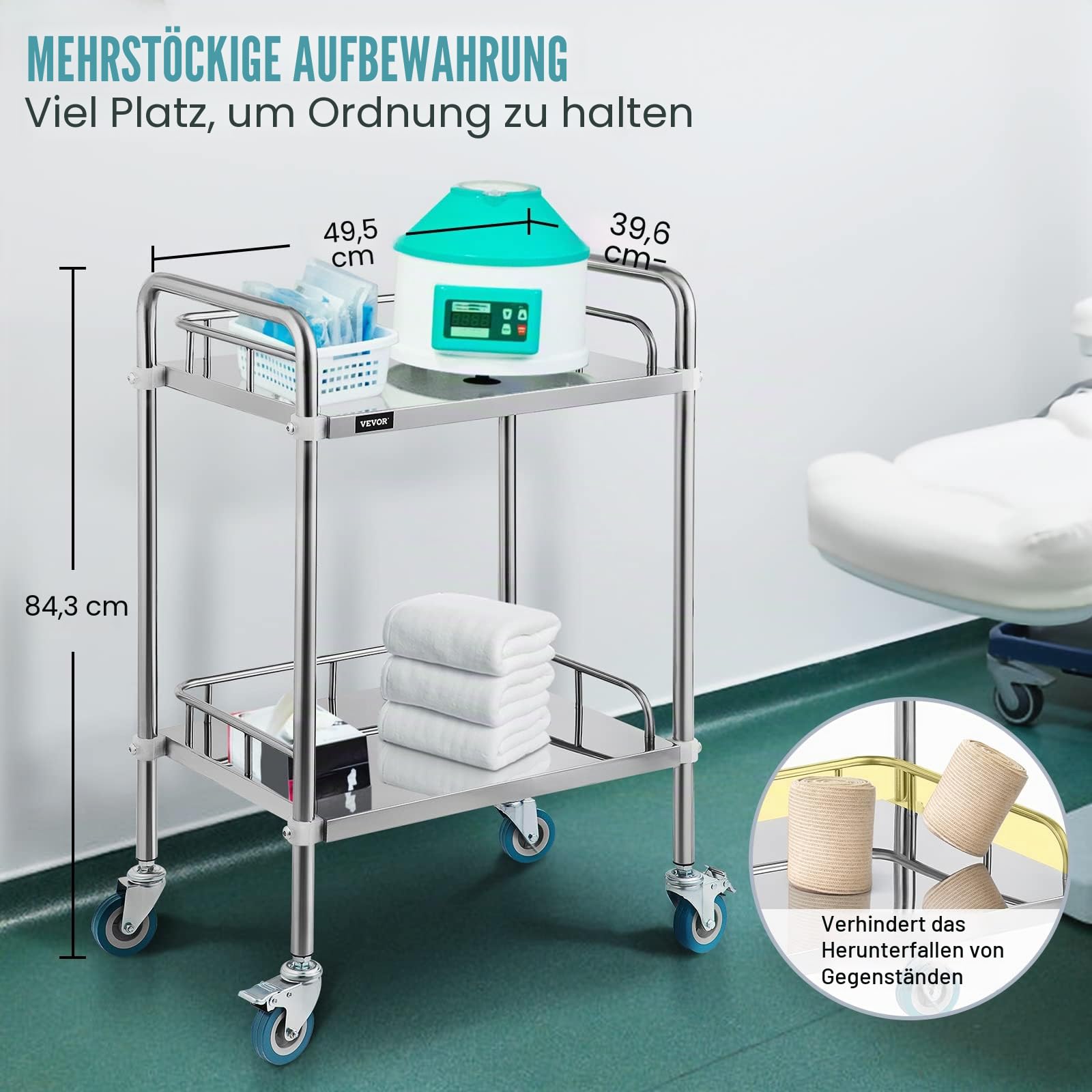 VEVOR Servierwagen Edelstahl Serving Lab Trolley 2 Böden Laborwagen Tragbar Abräumwagen Medical Dental Lab Cart Transportwagen Rollwagen Medizinisch Universalräder Zwei Fußbremsen Breite Anwendung