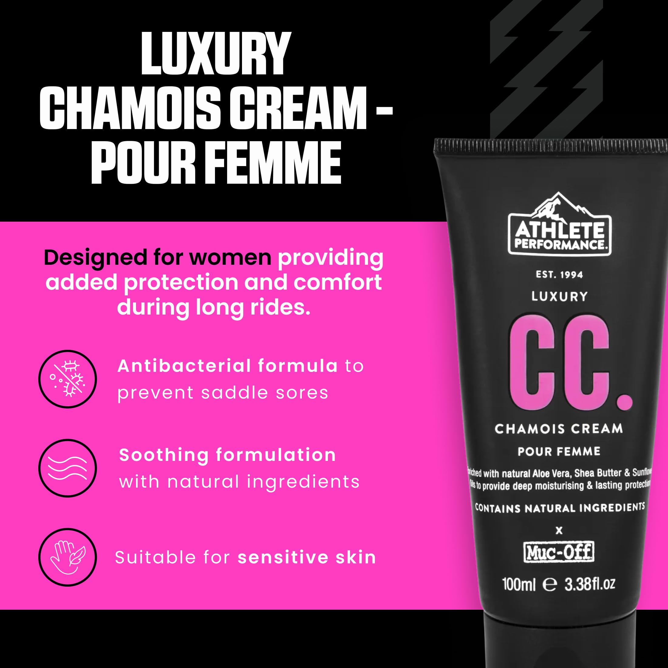 Muc-Off Athlete Performance Luxury Womens Chamois Cream, 100 ml - Crema Antisfregamento Cosce Donna Antibatterica - Crema Antisfregamento Formulata per gli Sportivi