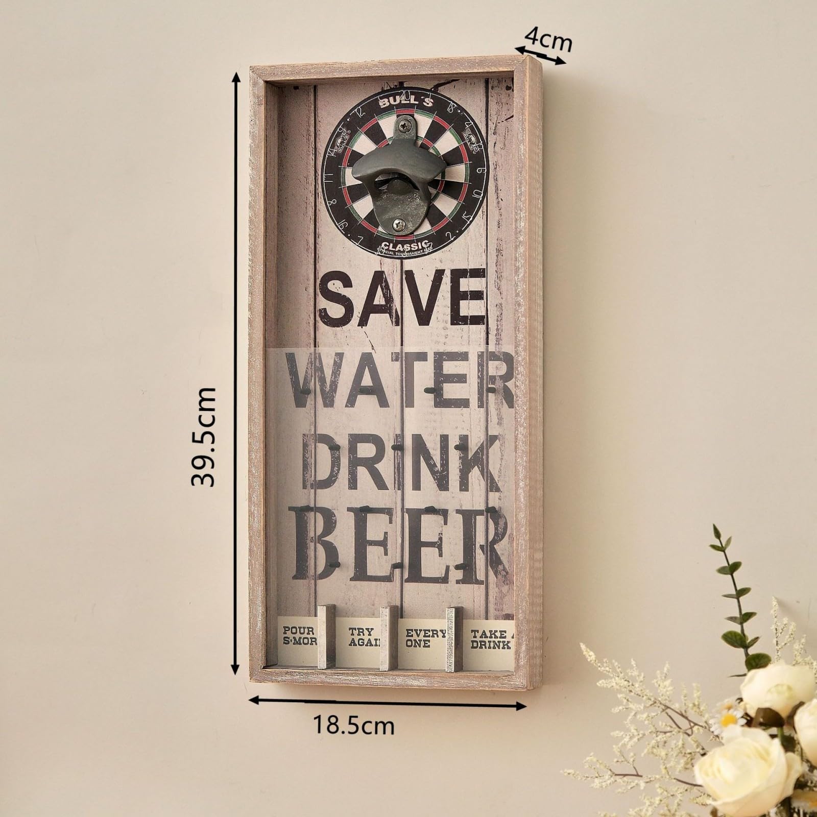 Vintage Wandflaschenöffner mit Kronkorken Sammler – Wandmontierter Flaschenöffner aus Holz & Metall, Retro Bier Flaschenöffner mit Auffangbehälter für Hausbar Küche Garage Männerhöhle