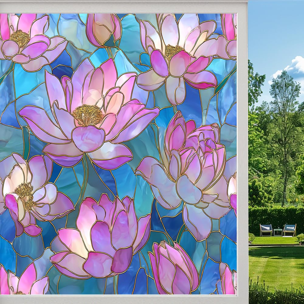 Glam Pond Lotus Frosted Window Film, Spring Floral Natural Scenery Stained Glass Privacy Film, Heat Insulation Self-Adhesive Vinyl for Bathroom Office, （55x120cm）