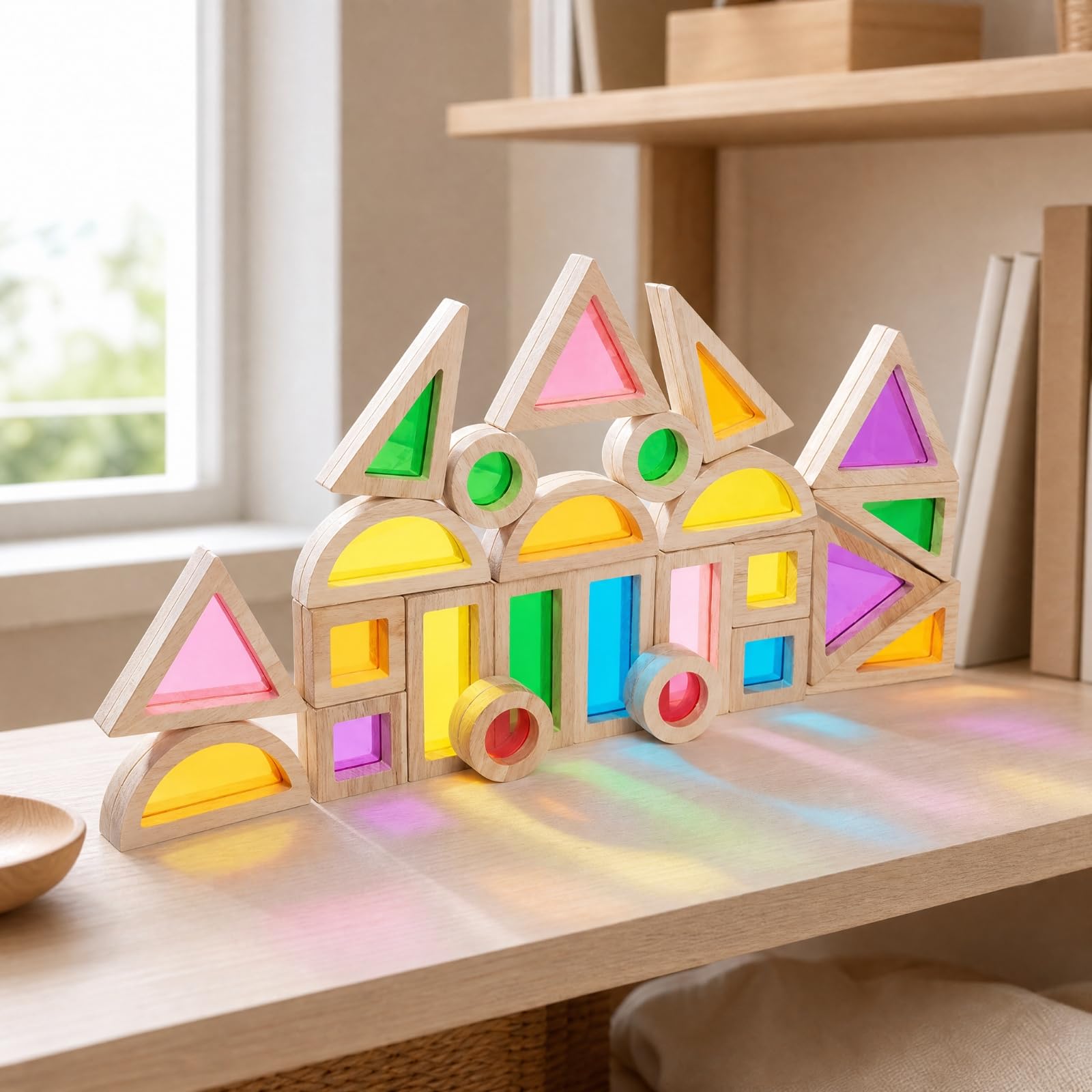 24 Pezzi Blocchi con Cornice in Legno e Superfici Traslucide Educativo Blocchi di Legno e Acrilico Sensoriale per Ambiente di Apprendimento Precoce, 24PC Legno