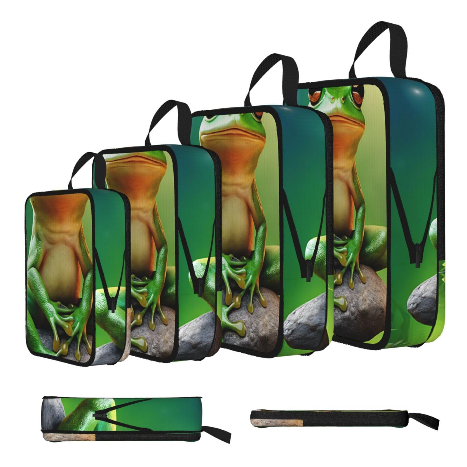 Cute Frog Print Compression Packing Cubes 4-Piece Set With Multi- Compartment Travel Bag, Waterproof Suitcase Organiser Bags