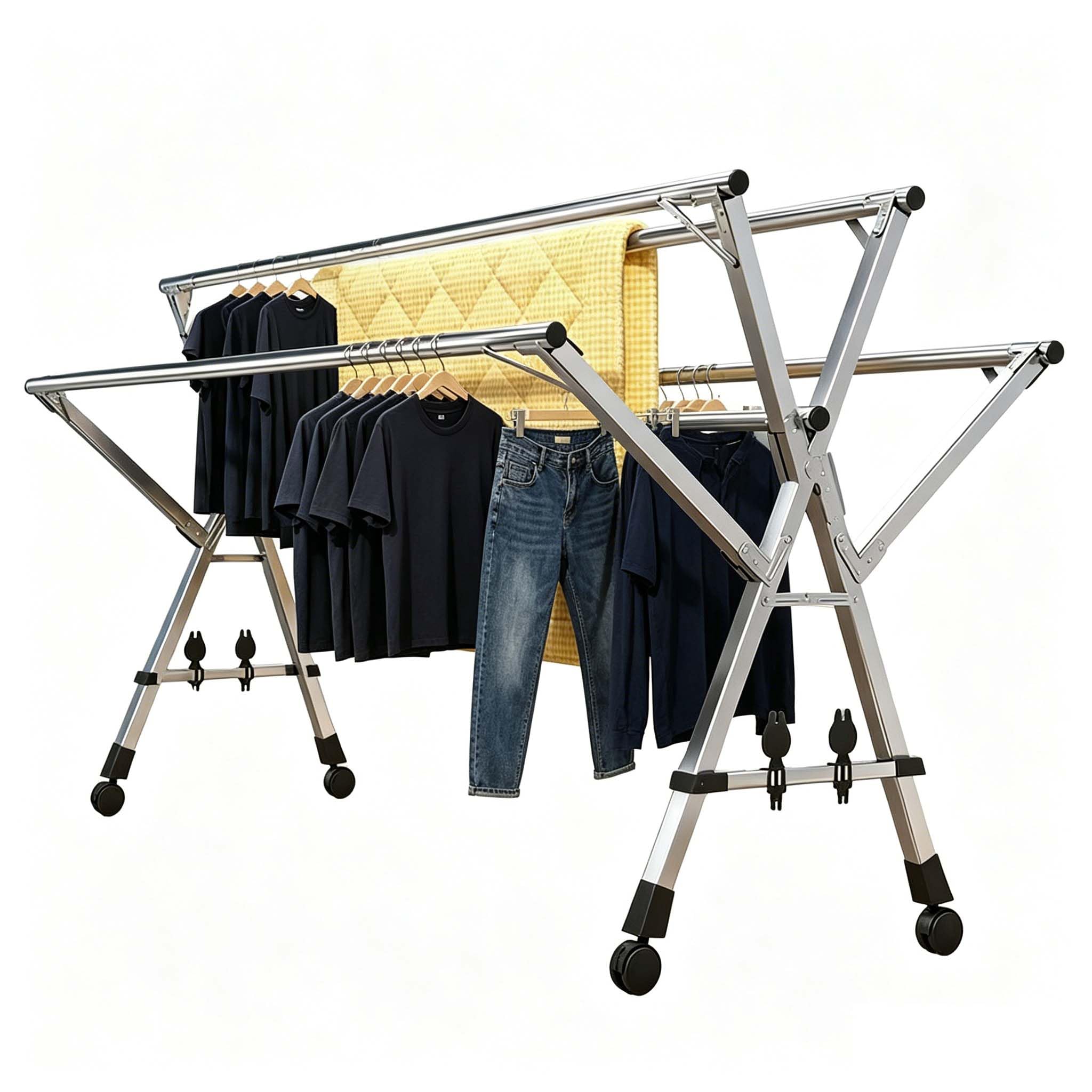 YSUEFIJO Rolling Foldable Garment Rack, Stainless Steel Telescopic Clothes Drying Rack with Wheels, Adjustable Hanger And Laundry Drying Rack for Shirts Pants Jackets Storage
