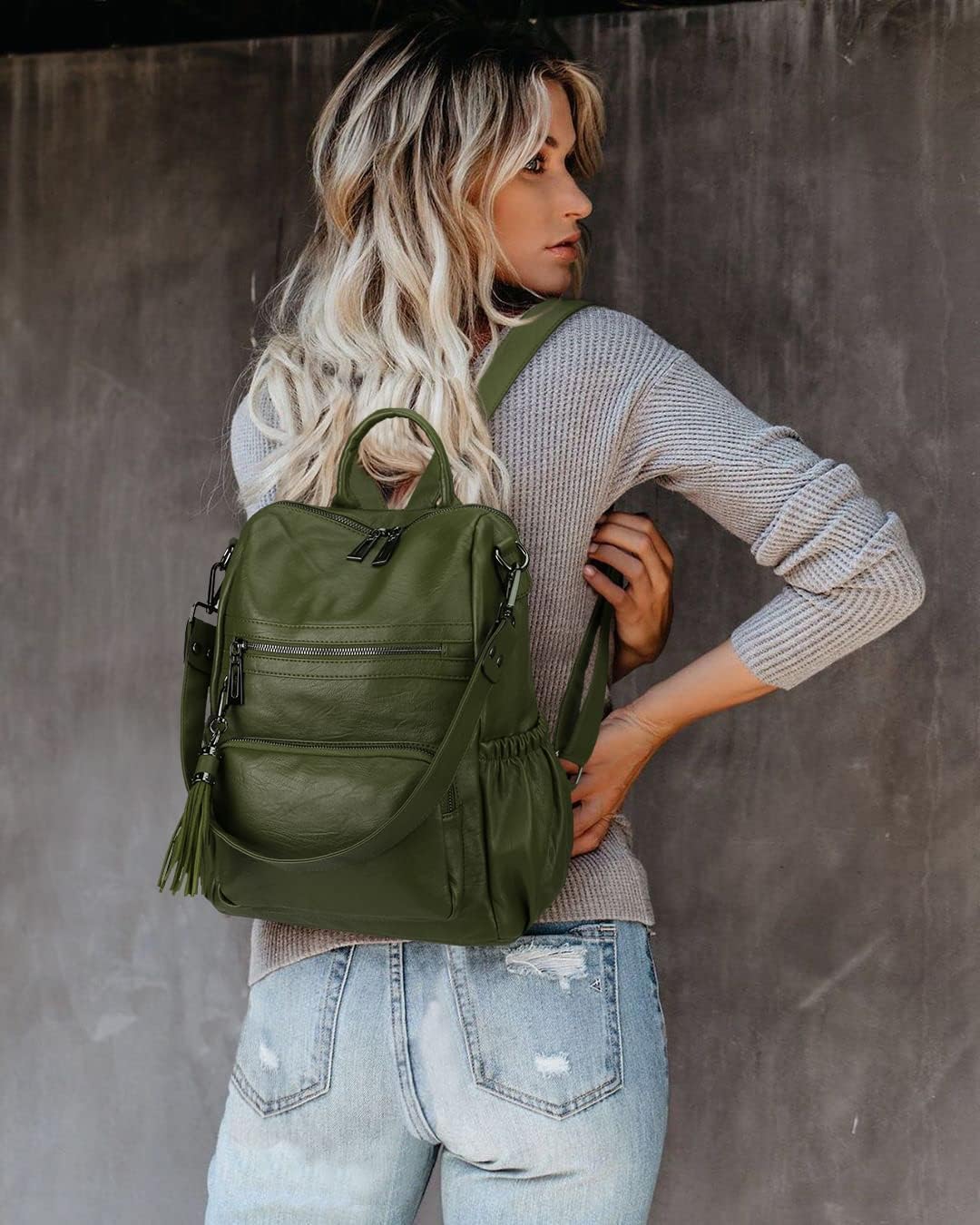 Uromee Backpack Purse for Women Vegan Leather Ladies Fashion Travel Tassel Shoulder Bag Convertible Green bag - Image 3