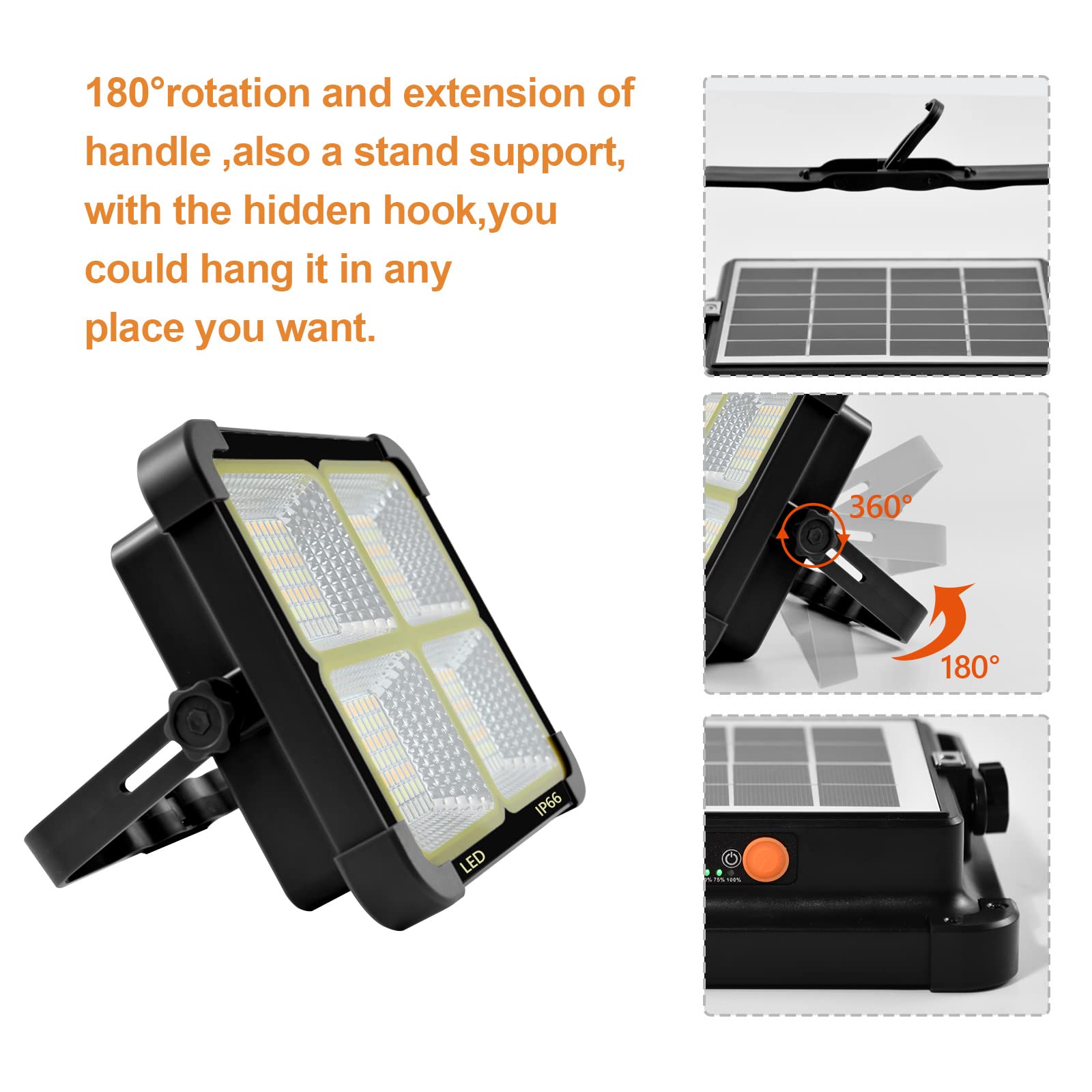 Reflektor budowlany LED, akumulator 100 W, lampa robocza LED, 336 diod LED, panel słoneczny, 4 tryby świecenia, zewnętrzny akumulator o pojemności 16500 mAh, ładowany powerbank na kemping, do