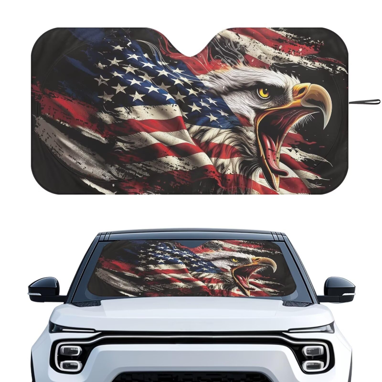 Car Windshield Sun Shade Bald Eagle American Flag Sunshade Visor Windshield Cover Auto Sun Heat and UV Rays Blocker, Universal Fit Most Cars Women Men, Easy to Install