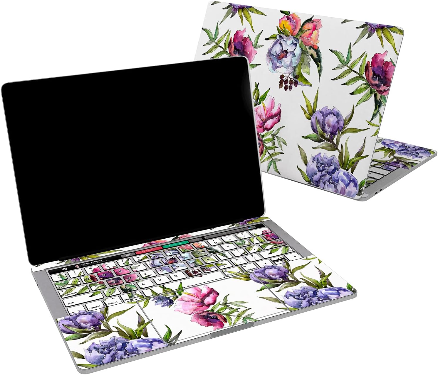 Cavka Vinyl Decal Skin Compatible for MacBook Pro 16 M1 Pro 14 2021 Air 13 M2 2022 Retina 2015 Mac 11 Mac 12 Cover Sticker Floral Design Flowers Leaves Peonies Purple Pink Tropical Print Laptop