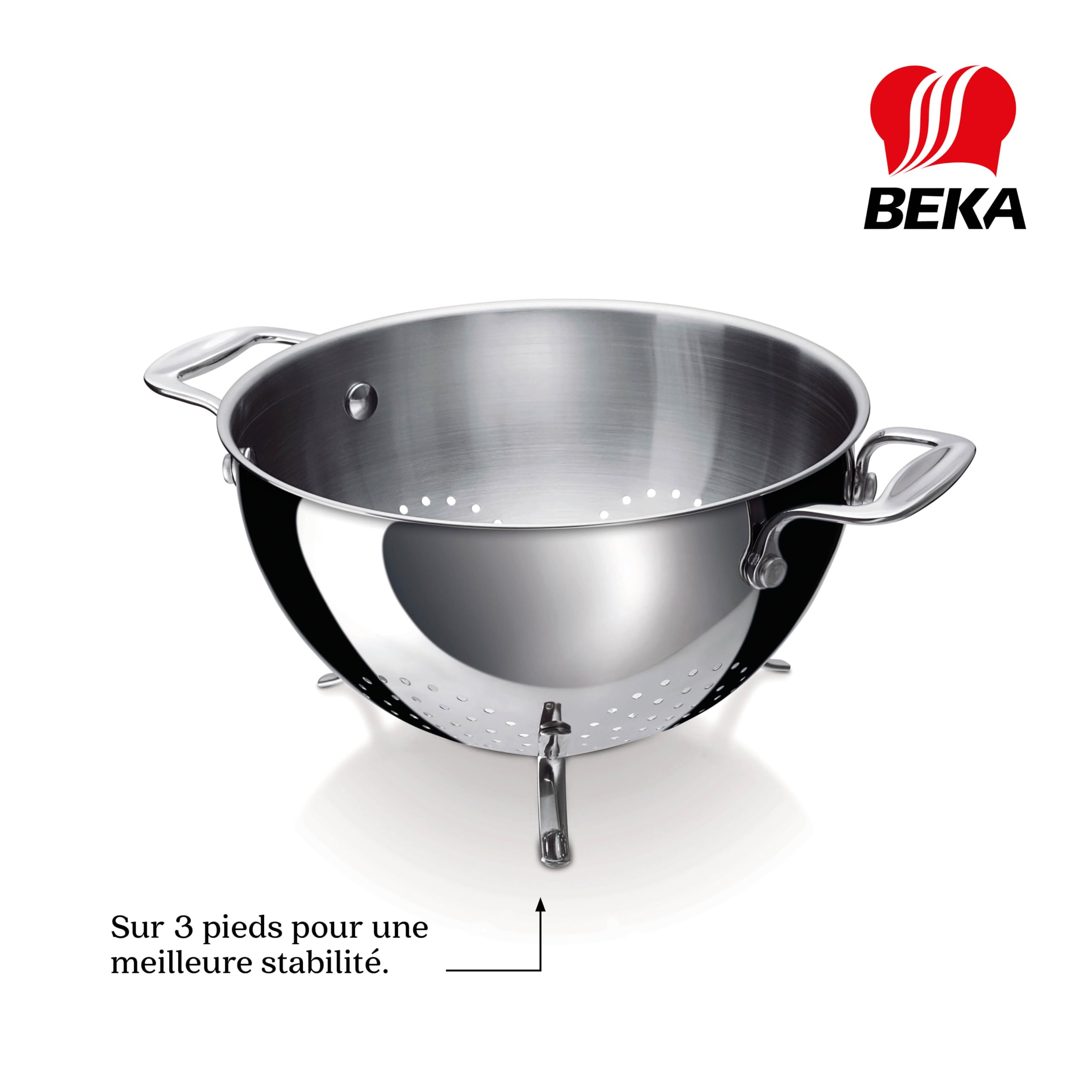Beka Chef - Passoire Inox 18/10 - 22 cm - 3 Pieds Antidérapants - Poignées Rivetées - Lave-Vaisselle