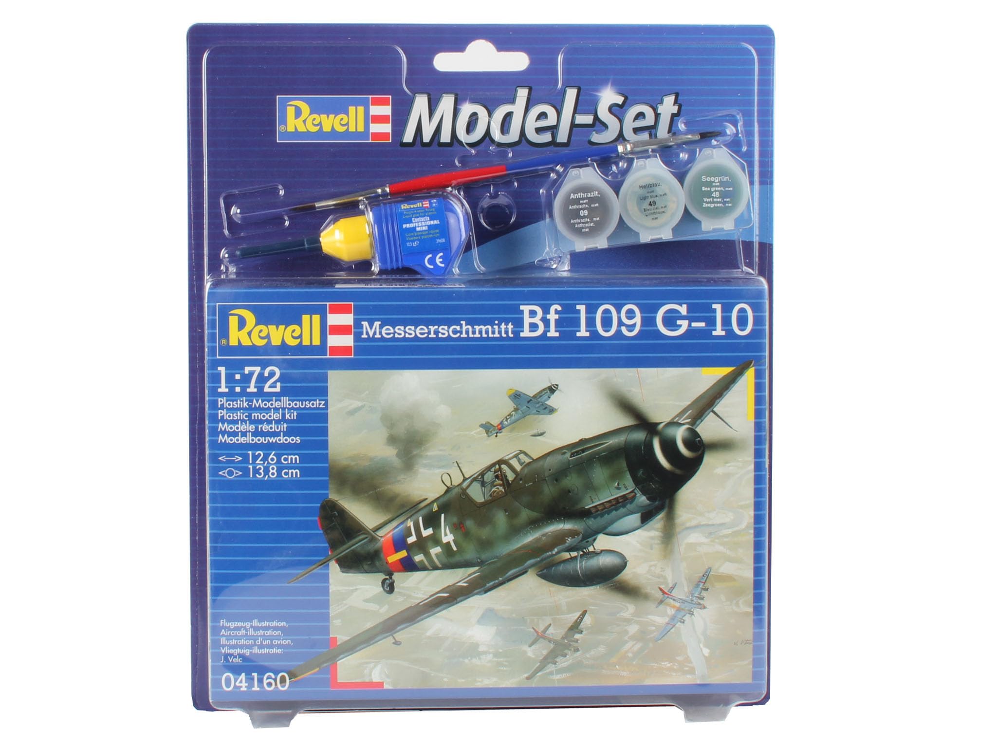 Revell Model Set 64160 Model Set Messerschmitt Bf -109 1:72 Scale Unbuilt/Unpainted Plastic Model Kit with Contacta Professional Glue, Paintbrush & Selected Aqua Color Paints