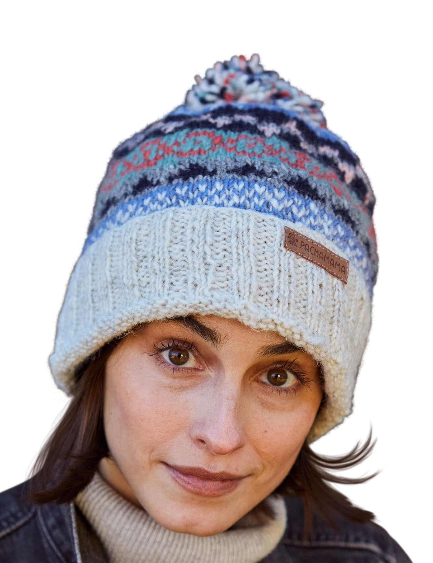 Pachamama Women Wool Beanie Bobble Hat Fleece Lined Roll Back Handknitted Traditional Fairisle Multicoloured One-Size Handmade Extra Warm Fair Trade (Wool, Oatmeal)