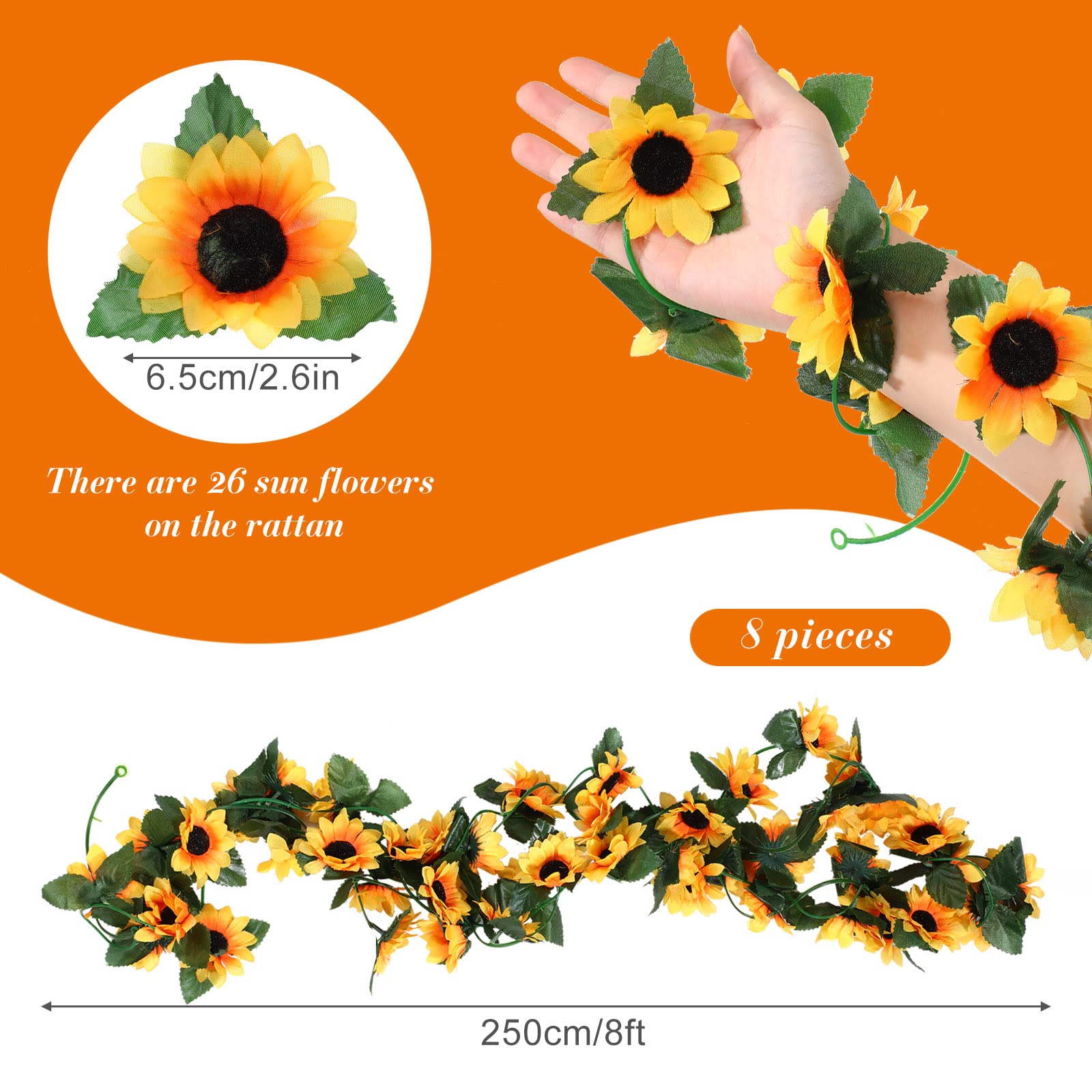 Waydress 8 Pieces Artificial Sunflower Garland Silk Sunflower Vine Faux Flowers with Green Leaves 8 feet Sunflower Decor Hanging Artificial Sunflower for Wedding Table Garden Craft Party Decoration