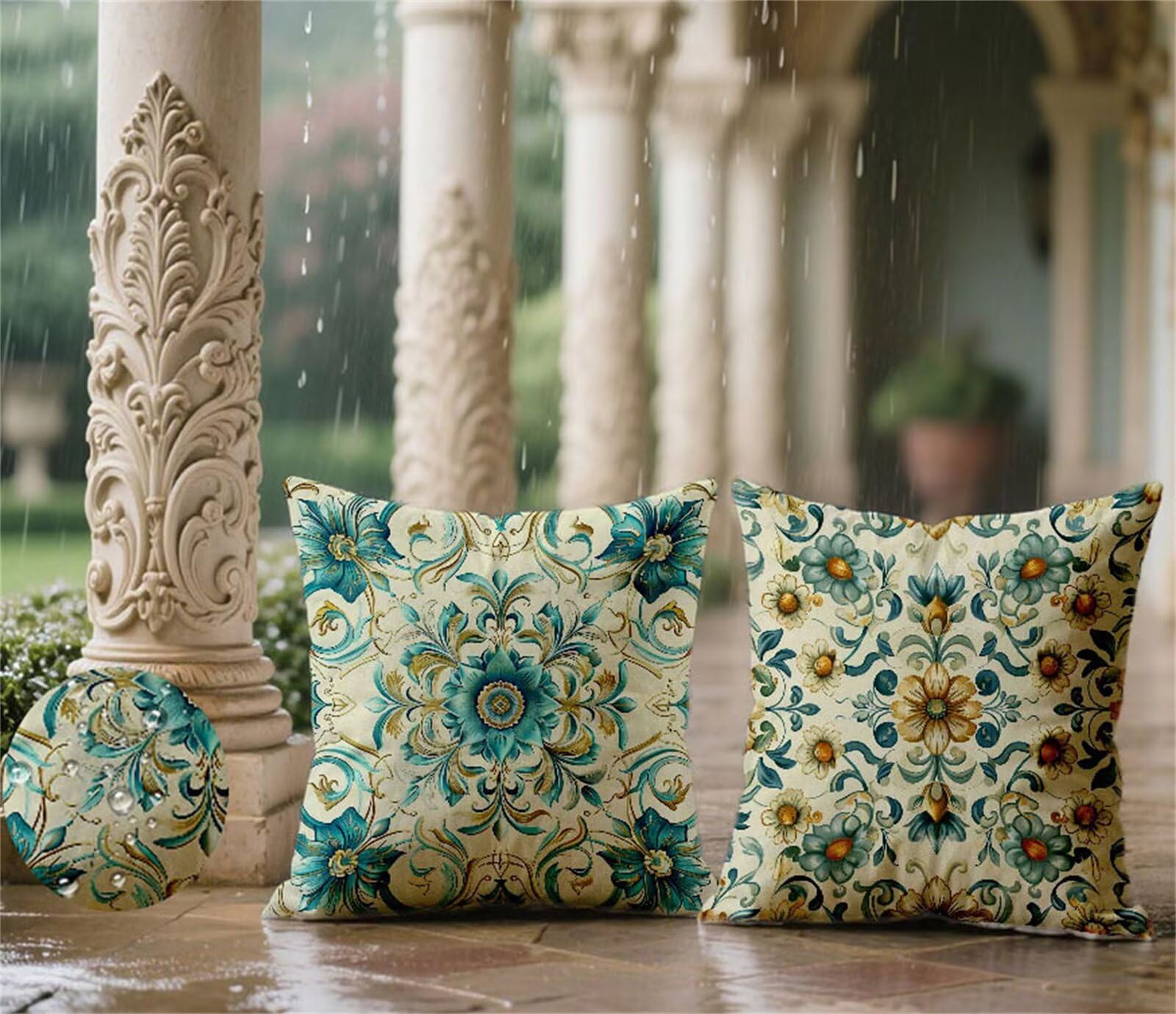 Poduszki Sofa 80x80cm Poduszki Zewnętrzne Wodoodporne Pościel Kwadratowa Poszewka Na Poduszkę Turkusowy Dwustronny Nadruk, Sofa Taras Ogród Wiosna Jesień Dekoracyjne, Prezenty, Vintage Zestaw 2 Y-919