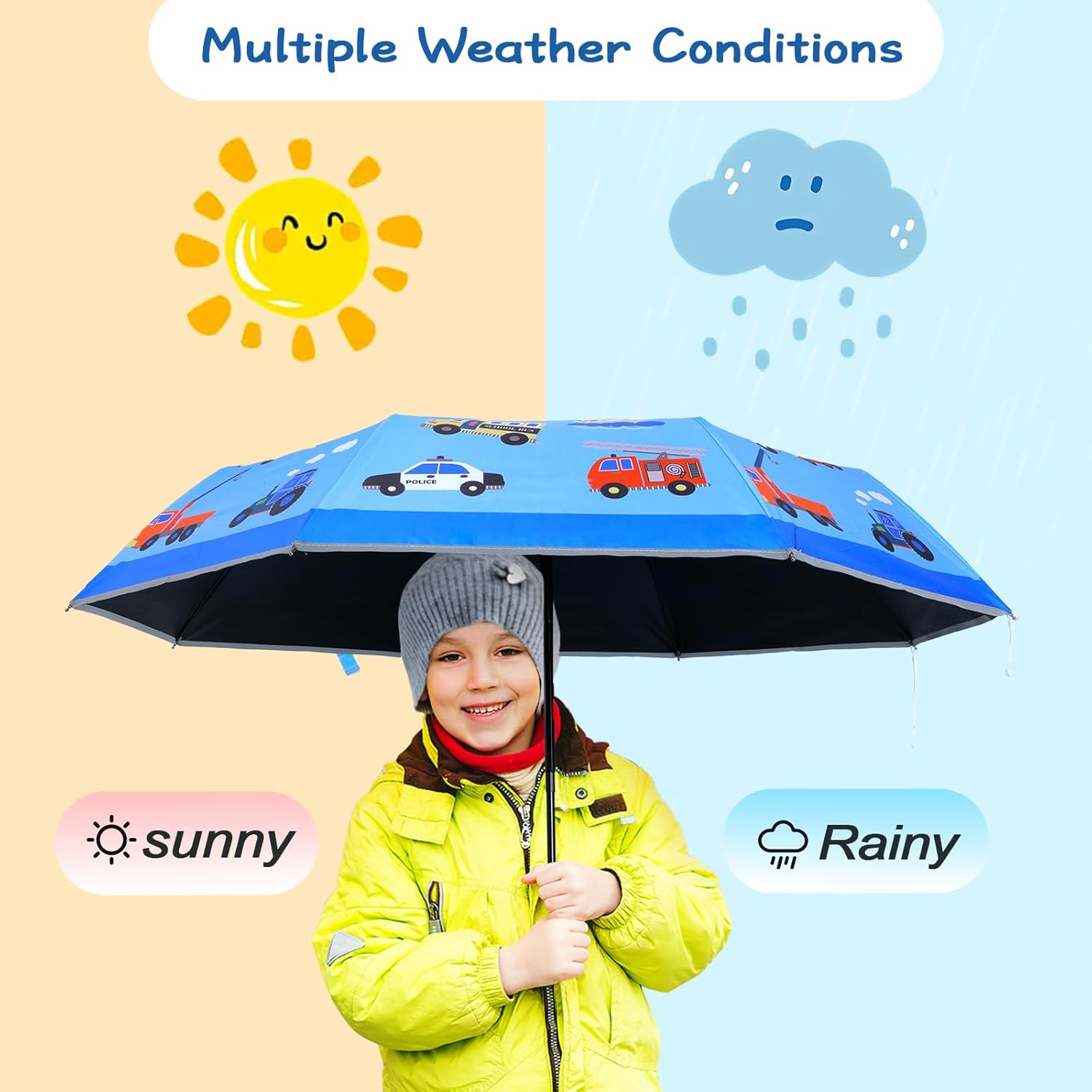 Kids Folding Umbrella Auto Open/Close Anti-rebound Safe Design UV Resistant Automatic Children Travel Umbrellas 8 Rib Reinforced Canopy 360° Reflective Strip Lightweight Cute Umbrella for Girls & Boys - Image 2
