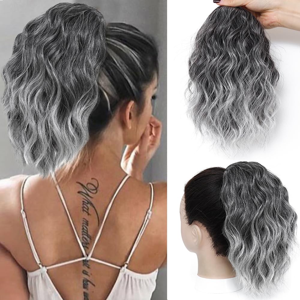 Ponytail Extension-12 Inch Drawstring Ponytail Hair Extensions for Women Synthetic Curly Wavy Fake Pony Tails Hair Pieces for Daily Party Use (Black/Grey) Ponytail Extension-12 Inch Drawstring Ponytail Hair Extensions for Women Synthetic Curly Wavy Fake Pony Tails Hair Pieces for Daily Party Use (Black/Grey)