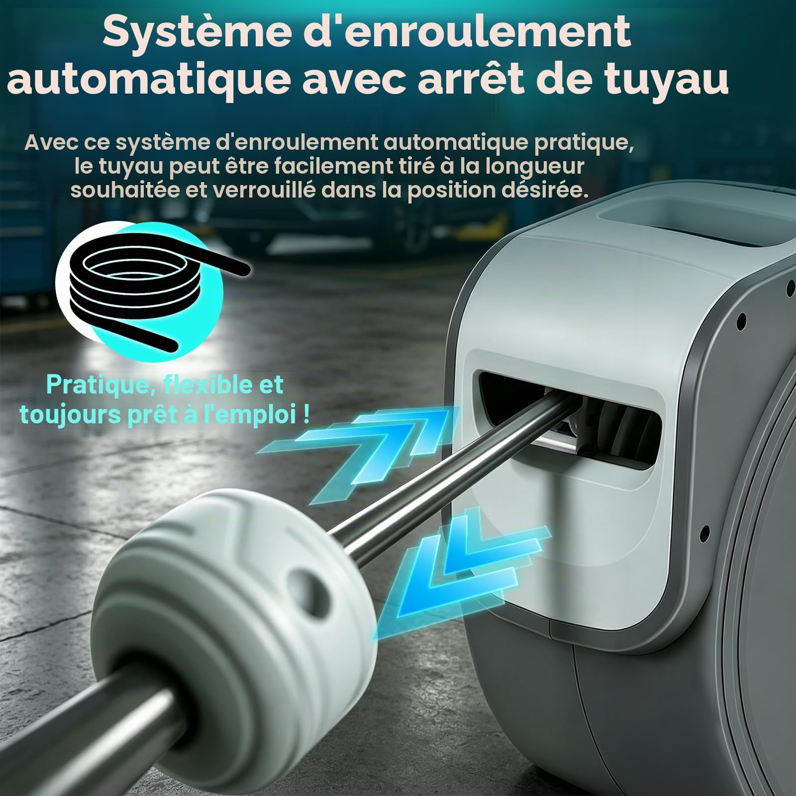 Tuyau à air comprimé, 30 m, enrouleur automatique de tuyau à air comprimé, raccord rapide 1/4”, support mural pour compresseur, atelier Gris