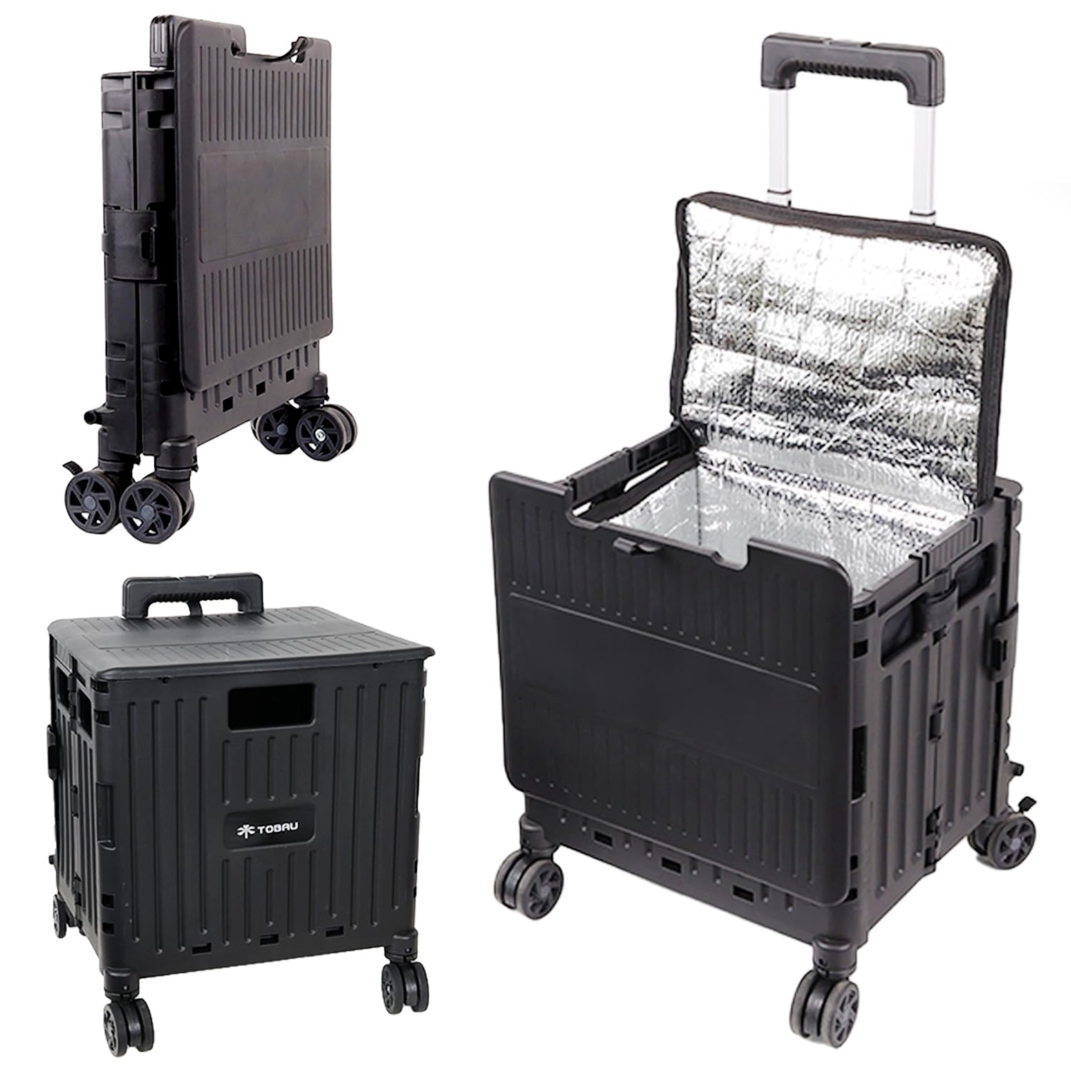 Amazon | [TOBAU/保冷バッグ付き] キャリーカート クーラーボックス 折りたたみ 4輪 50L コンテナキャリーカート 耐荷重25kg  360°回転 軽量 アウトドア キャンプ (02.ブラック) | TOBAU(トバウ) | クーラーボックス