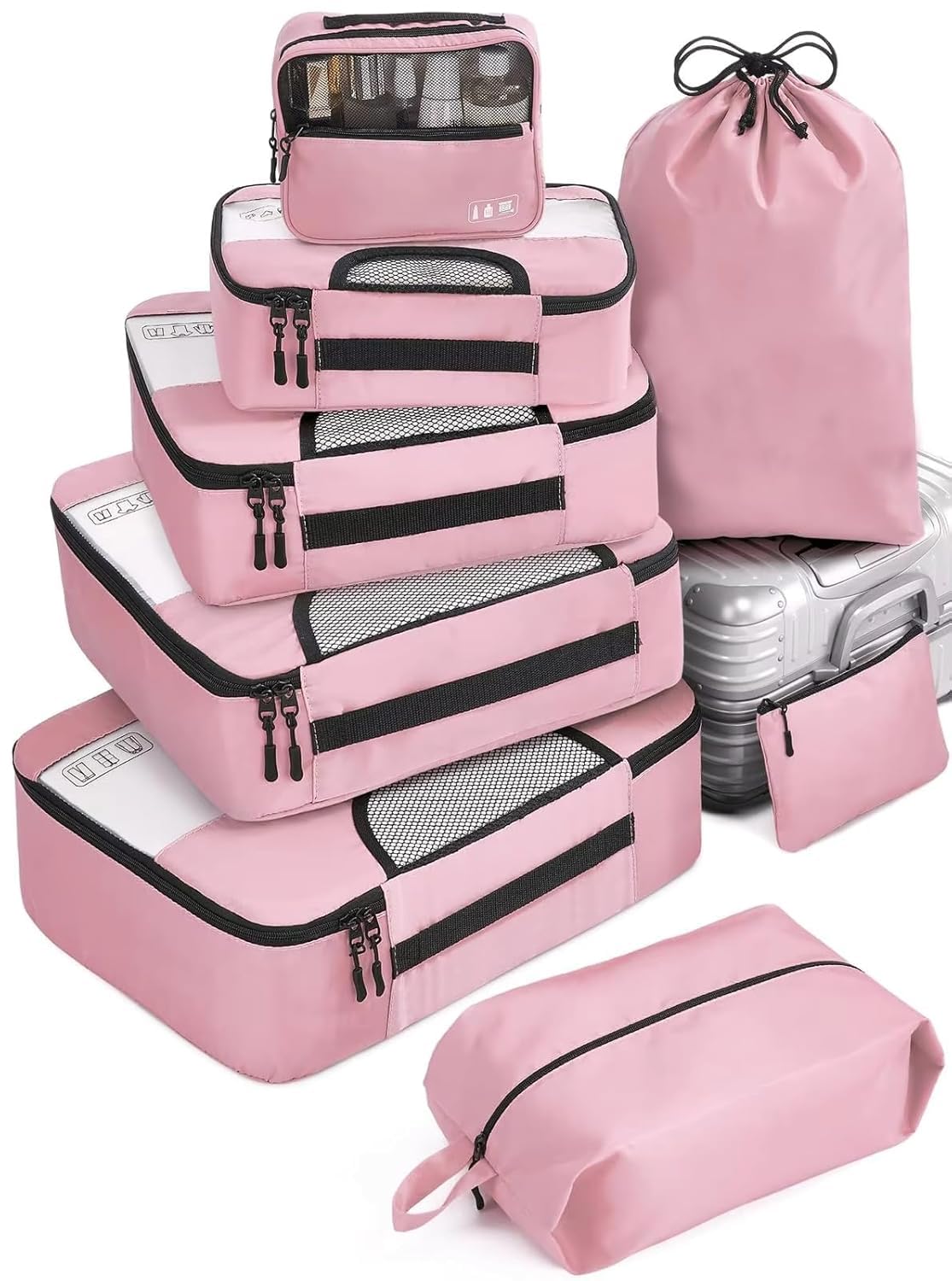zonoxo 8 Set Packing Cubes for Travel, Travel Essentials, Toiletry Bag, Packing Bags for Clothes, Travel Organizer for Women, Travel Pouch, (Pink)-picture-37