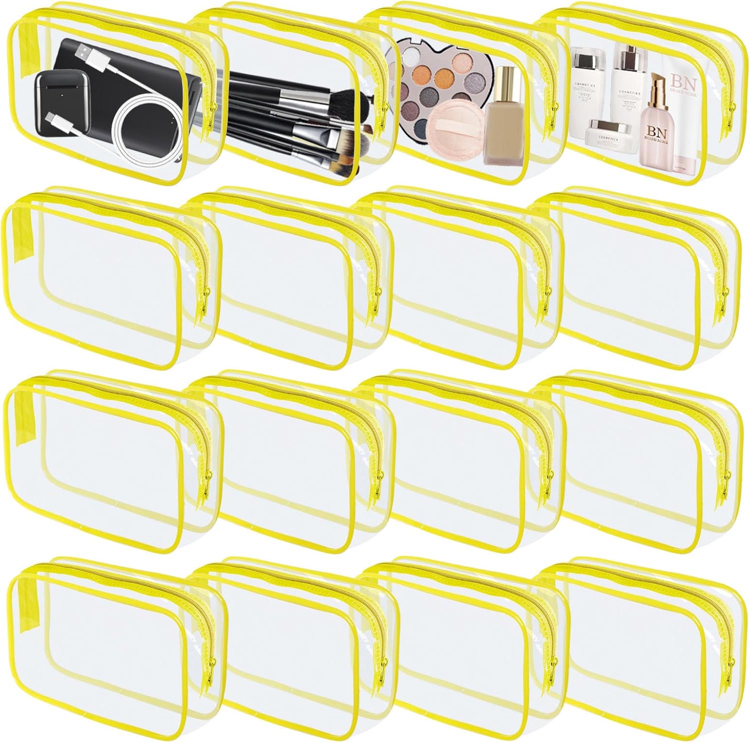YedsIntu 16 Pieces Clear Makeup Bag PVC Zippered Clear Toiletry Carry Pouch Portable Cosmetics Bag Waterproof Makeup Bag Vinyl Plastic Organizer Case for Travel Vacation Bathroom (Yellow-M)