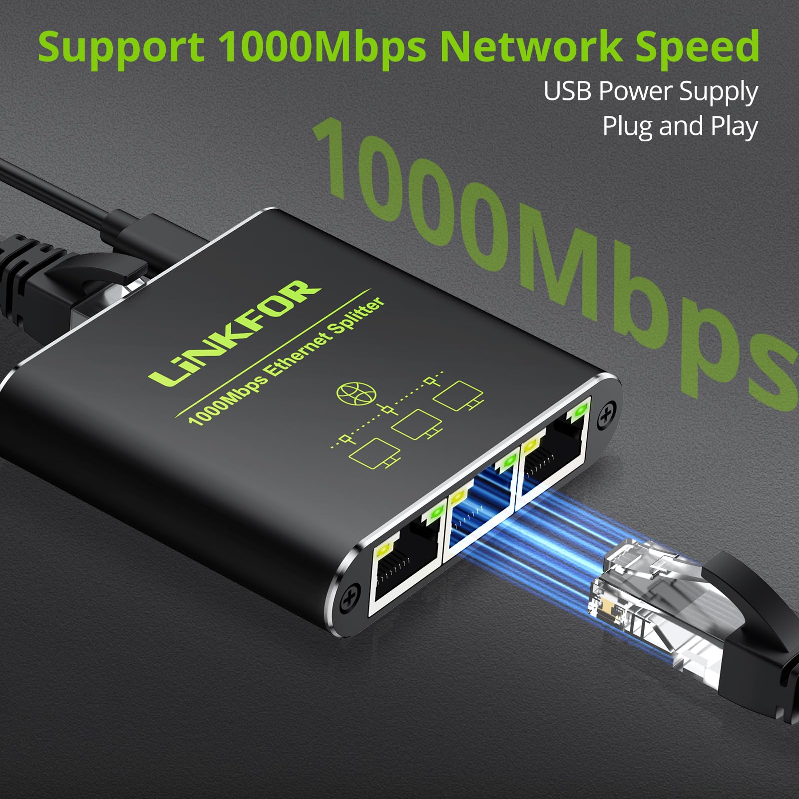 LiNKFOR Ethernet Splitter 1 in 3 Out,1000Mbps High Speed Splitter RJ45 Network Extension Connector with USB Type C Cable Gigabit Ethernet Switch Network Sharing for Cat8 Cat7 Cat6 Cat5 Cat5e