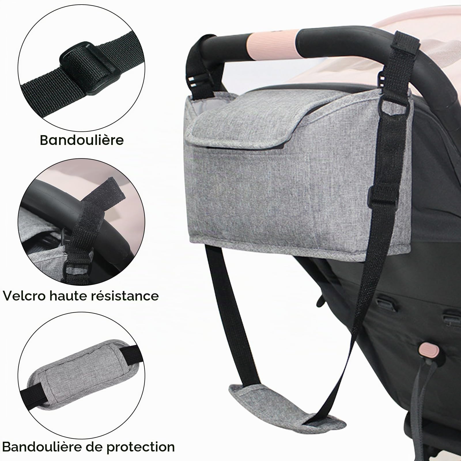 Universel Organisateur de Poussette et Landau, Sac de Rangement pour Poussette avec Sangle D'épaule, Porte-Gobelets Poche Grande Capacité pour Téléphone et pour Bébé Accessoire (Noir)