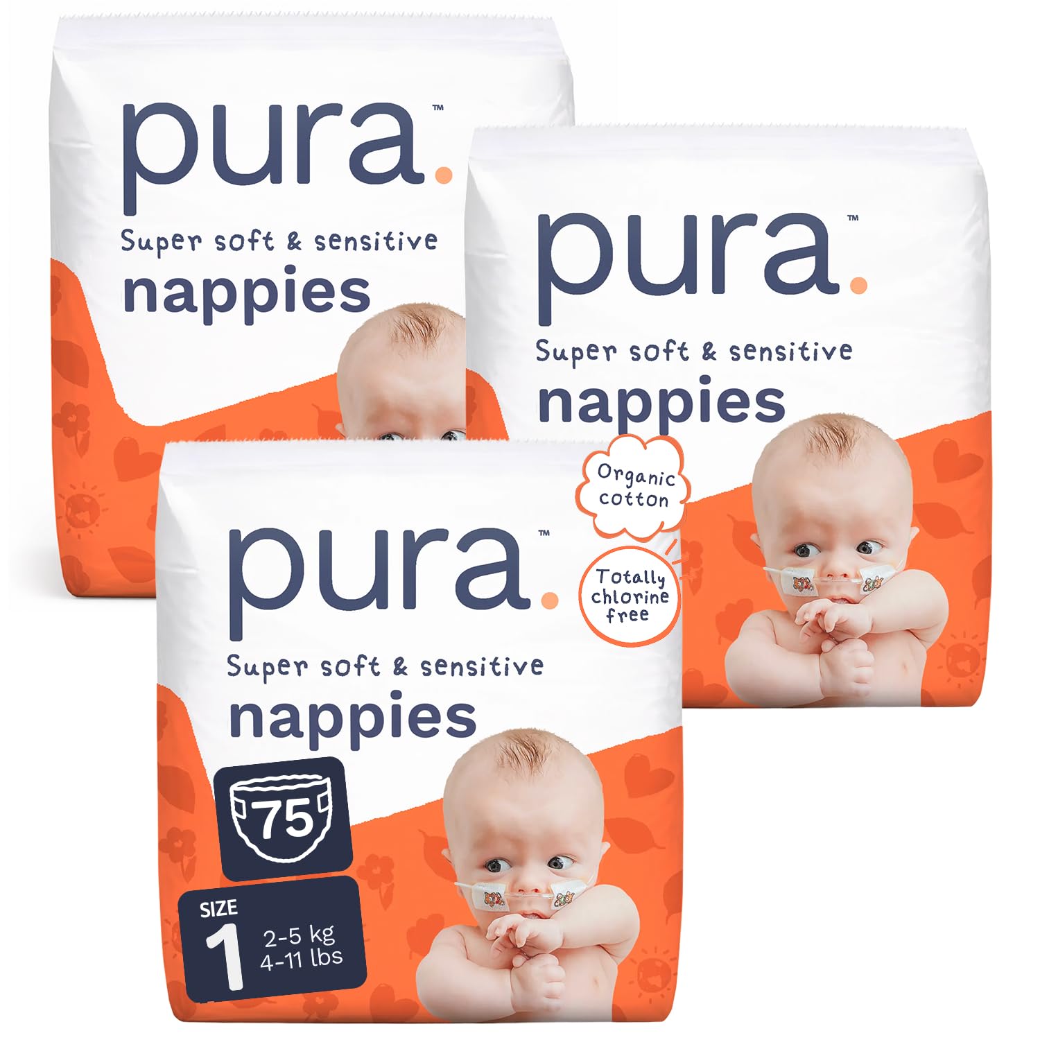 Pura Newborn Baby Nappies Size 1, 75 Count, 2-5kg/4-11lbs, Cloud Soft Nappies for Hypoallergenic & Sensitive Skin, Toxin-Free*, Blowout Blocker™, Wetness Indicator, Up to 12 Hours Leak Protection