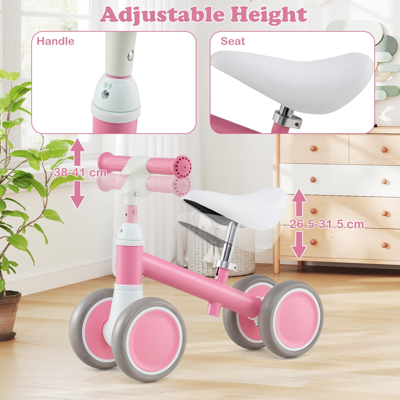SOARS Bicicletta Senza Pedali Bambini 1-3 Anni, Balance Bike con Seduta Regolabile 26,5-31,5 CM, 2 Ruote EVA Antiscivolo, Volante Sterzo Limitato a 80°, Carico 25 KG, Regalo Bambina