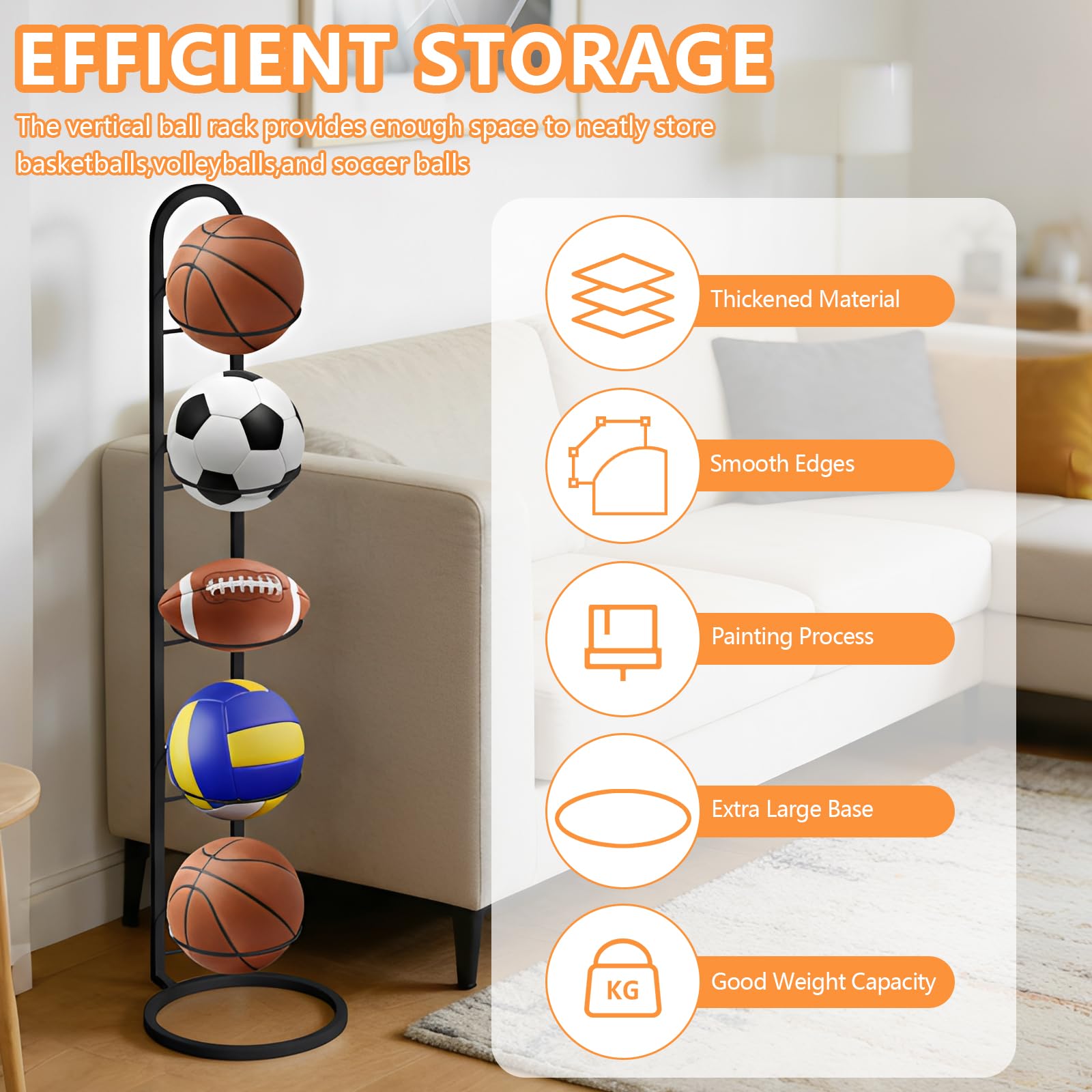 Support de balle en métal noir à 5 niveaux, support de balle debout, rangement de balles, cadre amovible, étagère de rangement pour ballons, convient pour les ballons de football, volley-ball
