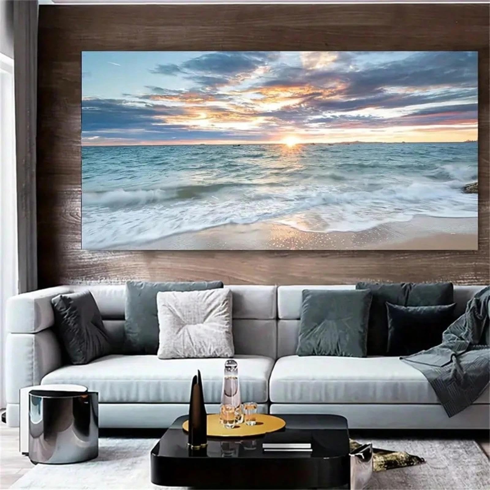 PEWFBS Grande stampa su tela con paesaggio marino al tramonto sull'oceano, decorazione murale nautica costiera per soggiorno, opera d'arte contemporanea 70x140 cm, senza cornice