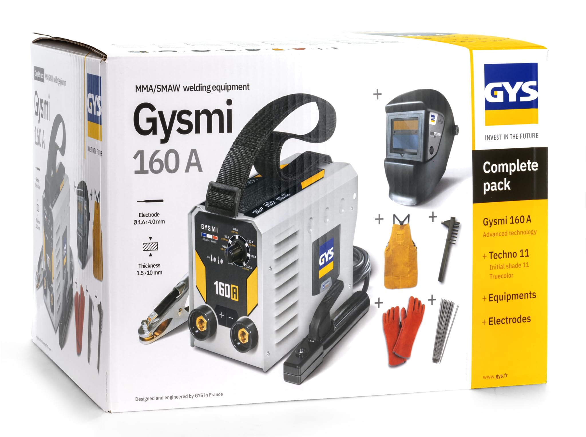 GYS, GYSMI 160A, estación de soldadura con electrodo recubierto de 160 A monofásico de 230 V (MMA), con máscara LCD TECHNO 11, portaelectrodos, cable de masa, 10 electrodos Ø2,5 mm, martillo/cepillo