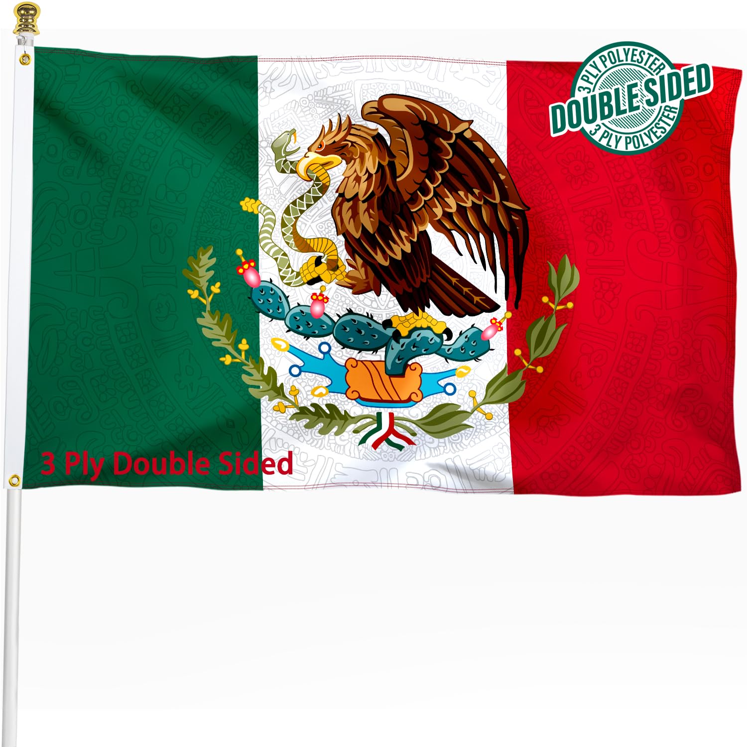 Mexico Flag 3x5 FT Double Sided – Heavy Duty Mexican Flag with Aztec Design, 3-Ply Polyester, Outdoor National Banner for Independence Day, MX, Cinco de Mayo, Hispanic Heritage