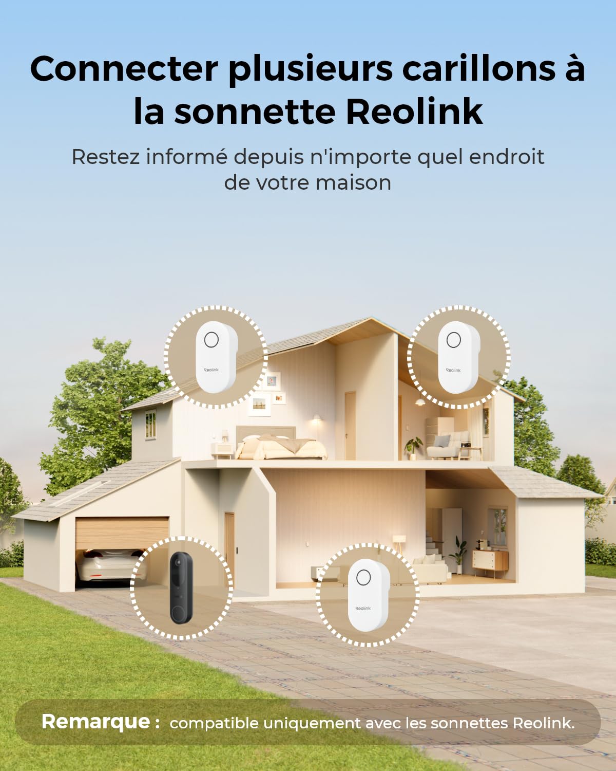 Reolink Carillon Numérique, Uniquement Compatible avec Sonnette Vidéo WiFi/PoE V2+, Fonctionne avec la Batterie de Sonnette, Plug & Play, Contrôle à Distance Via l'app