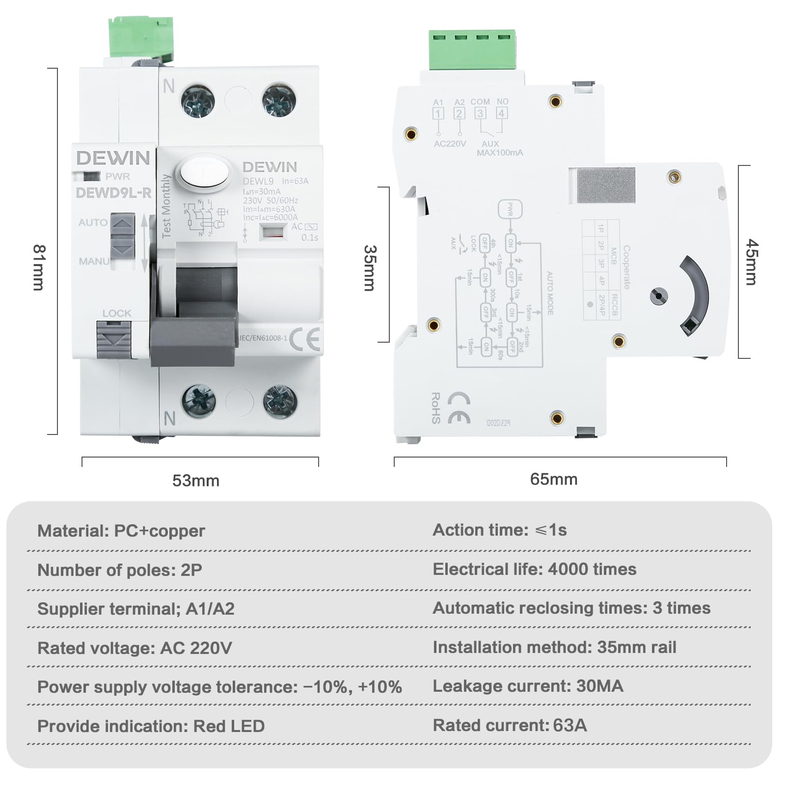 DEWIN Interruttore Differenziale a Riarmo Automatico Differenziale, 2P AC230V 63A 30mA Salvavita con Riarmo Automatico Salvavita Autoriarmante RCCB
