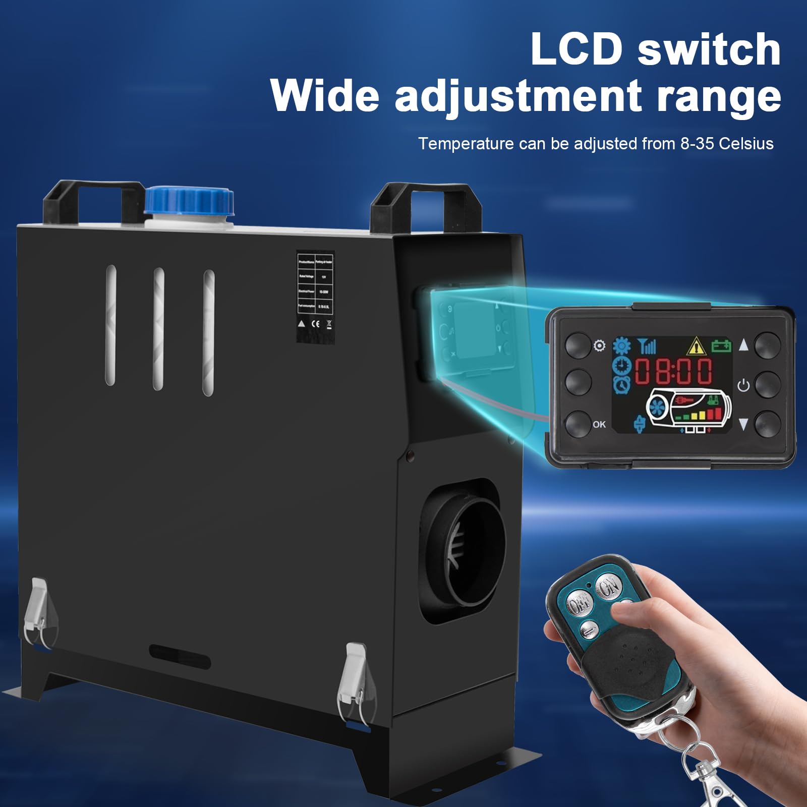 12 V 8 kW przenośne nagrzewnice powietrza na olej napędowy, zestaw wielofunkcyjnego ogrzewania postojowego, ciche nocne ogrzewanie na olej napędowy z tłumikiem, zdalne sterowanie LCD, do samochodów