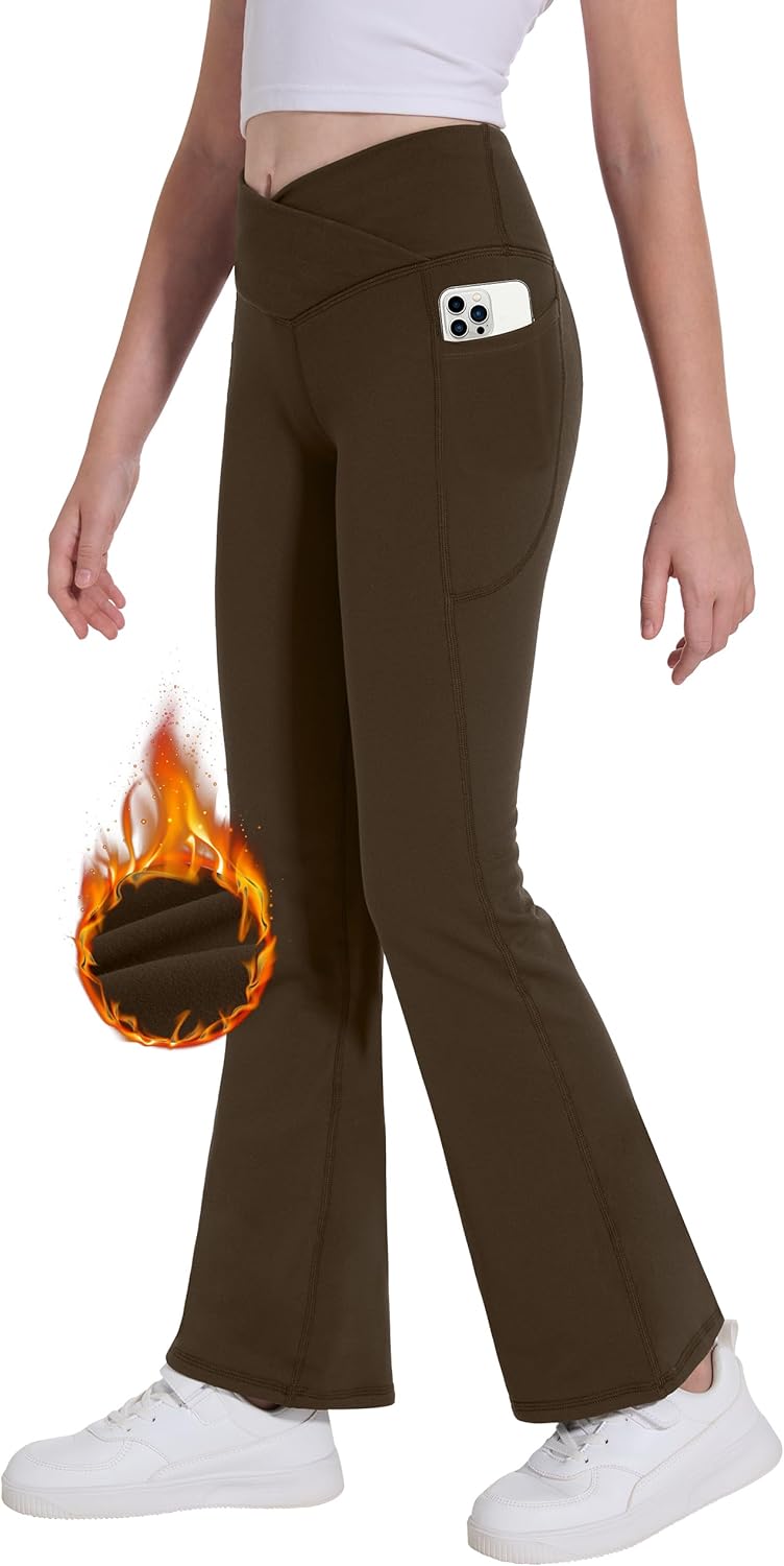 Desol Pantalon Thermique Croisé Pour Fille Avec Poches Pour Adolescentes, Leggings évasés élastiques Pour Le Sport Et Le Yoga, Pantalon De Sport, Pantalon De Gymnastique Et De Jogging Idéal, Kaki, 5-6